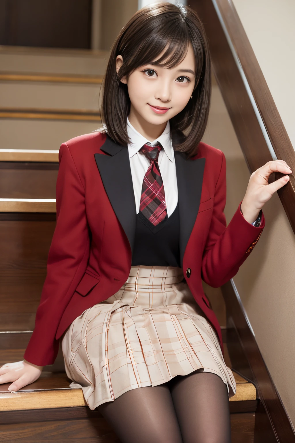 masutepiece, Best Quality, 8K、(Golden Ratio Face、Balanced eyes、very vivid eyes、slightly drooping)、二重まぶた、An innocent face、Young Face、Beautiful nasal muscles、Shy laughter、lipgloss、Balanced style、Bob Hair、Very beautiful girl、Beautiful girl solo like a model、Blazer Uniform、Tie blouse、Red Tartan Check Pleated Skirt、Black pantyhose、sit on stairs