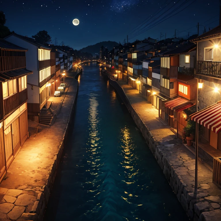 Hello chat, preciso que desenhe ( an anime scenario/4K Manga, vila do porto, pela noite, there is no one on the streets, a river passed through the village and many ships and boats stopped and unloaded there, por isso vila do porto, um lugar feito quase que inteiramente de madeira e ferro e pontes, besides the moonlight the only thing that illuminates are the red streetlights, some trees there, apenas um barco de carga passava por ali, de noite)