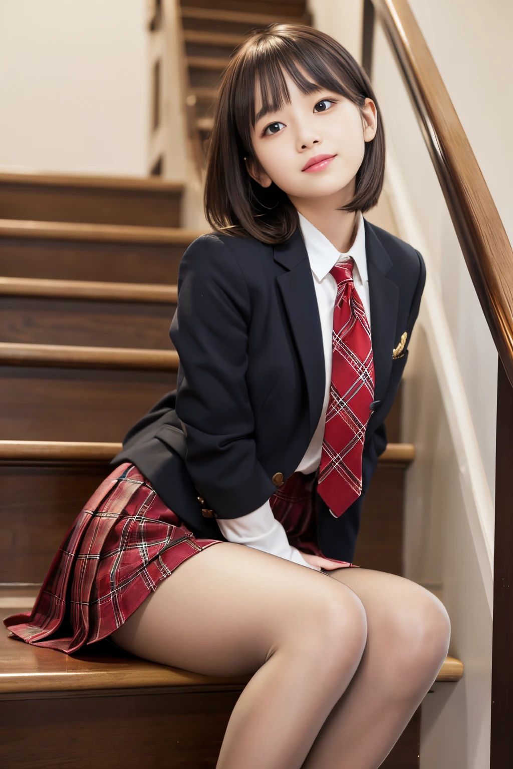 Top Quality, Photorealistic, 8K, High Definition, 1 Girl, Female, (1.8), School, Schoolgirl, Blazer, Uniform, Pubic hair visible, No panties, Skirt boldly pulled up, ((Sit in chair and legs wide open)), Bend your knees and open your legs, Slightly shorter hairstyle, Grab your knees with your hands to open your legs, Buttoned shirt flutters