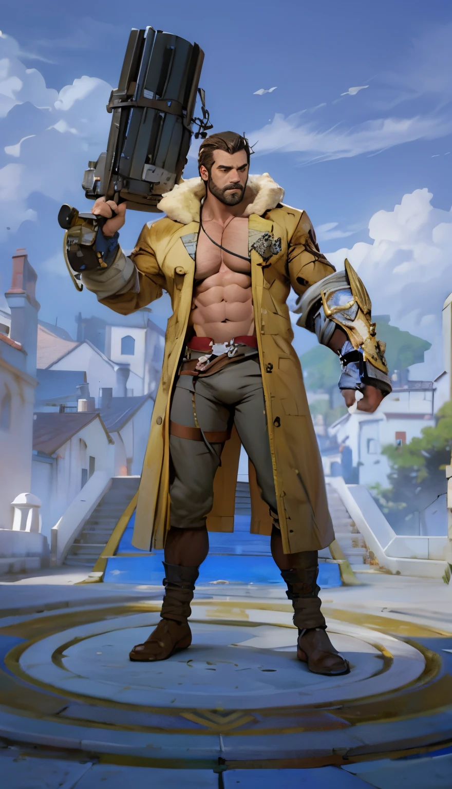 A middle-aged man around 50, uncle , chibi ,muscle , naked .