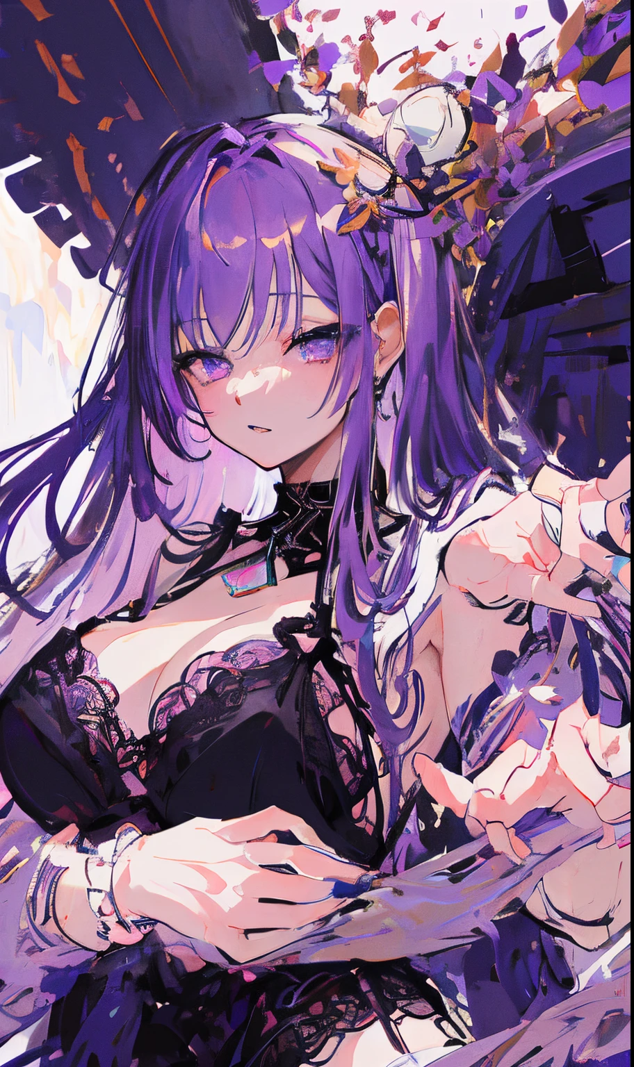 (best quality, high resolution: 1.2), ultra detailed, photorealistic: 1.37,  milf purple hair,   look, radiant beauty, curvy figure,  confidence, sensual expression, black lace lingerie, soft lighting, passionate atmosphere, vivid colors, subtle , tempting pose, smooth skin, enthusiastic curves,  charm,  charm, eye-catching long purple hair, masterpiece: 1.2