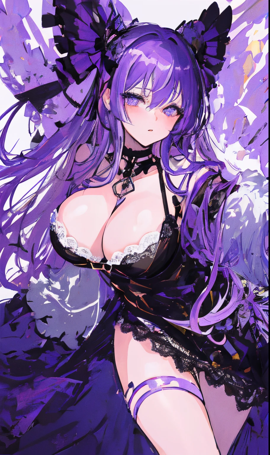 (best quality, high resolution: 1.2), ultra detailed, photorealistic: 1.37, sexy milf purple hair, provocative ahegao look, radiant beauty, curvy figure, seductive confidence, sensual expression, black lace lingerie, soft lighting, passionate atmosphere, vivid colors, subtle seduction, tempting pose, smooth skin, enthusiastic curves, seductive charm, provocative charm, eye-catching long purple hair, masterpiece: 1.2