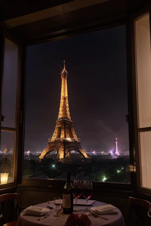 France , evening , mist , incandescent , purple , red roses , eiffel tower, big window, wine , champange ,