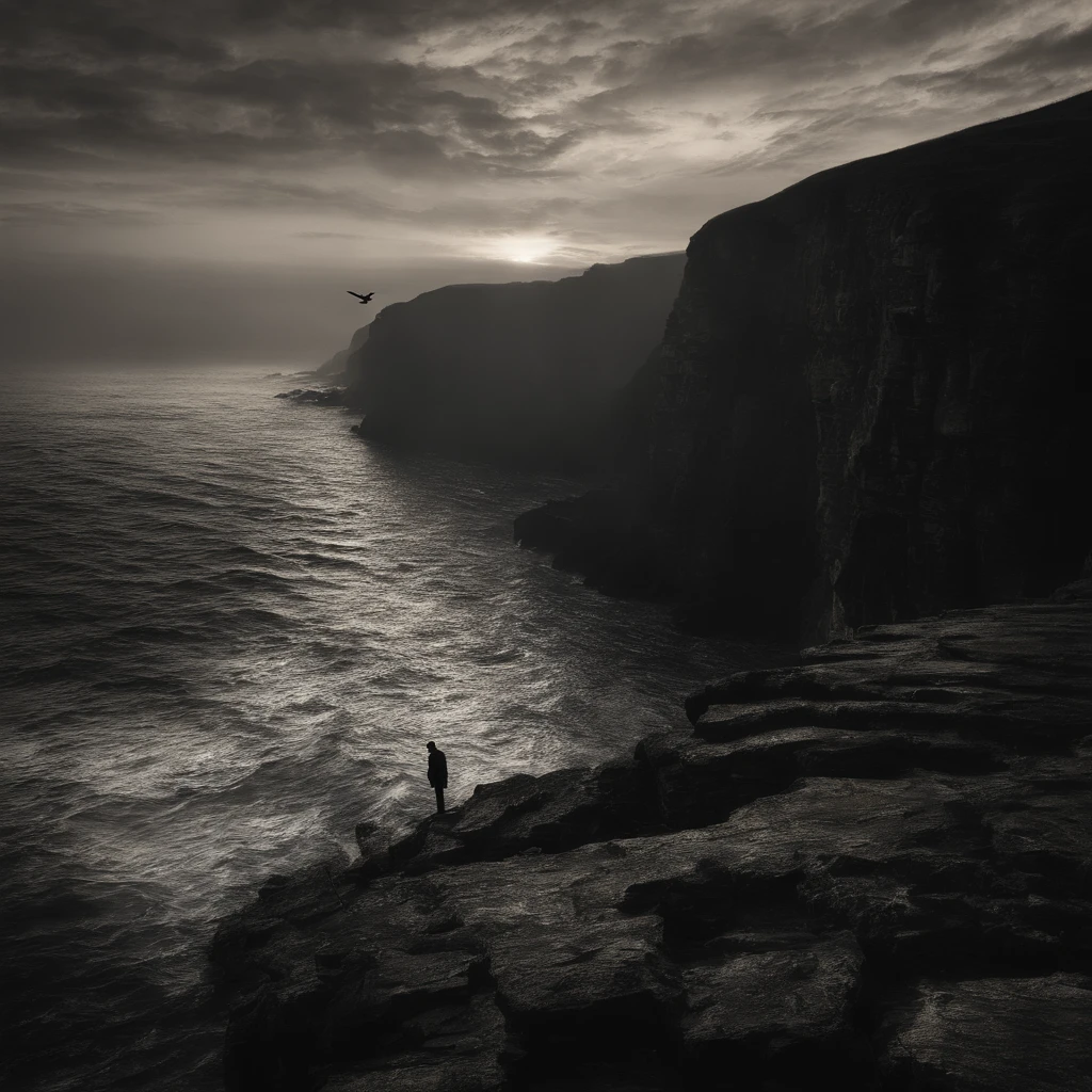 The dawn light slowly illuminates a lone figure standing on the rocky cliffs overlooking the ocean. The orange hues of sunrise stretch across the vast expanse of water and color the few scattered clouds on the horizon. As waves rhythmically roll into the shore below, a soft breeze causes the long grass to sway gently around the still silhouette.

With eyes closed and arms uplifted slightly, the figure drinks in the crisp salty air. There is no tension in the posture - only quiet strength and assured poise. The rising sun begins to warm the scene with its hopeful rays. In the distance, a single seabird takes flight, soaring freely through the calm air.

As the figure on the cliff opens his eyes to take in the magnificent scene, there is no anxiety in his expression. His bearded face shows no signs of worry or distress, just attentive focus. With the golden glow of dawn illuminating his features, he exudes vigilant courage, deep inner resolve, and a confidence not rooted in himself but in the environment around him.

Though the cliffs are perilous and the waters below turbulent, the man's poise suggests perfect self-control and fearlessness - as one drawing equanimity from the very ground beneath his feet and the skies stretching to eternity above him.