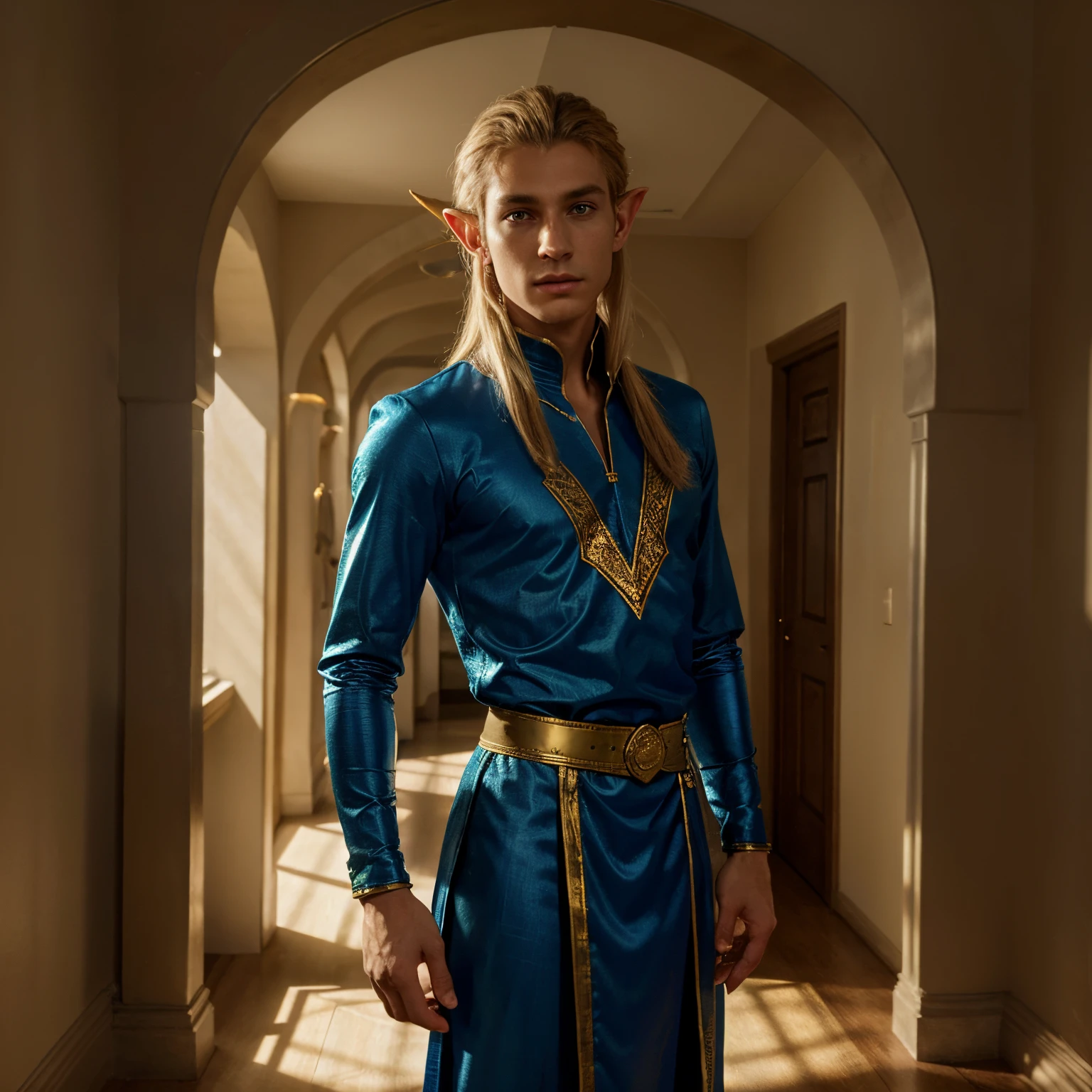 arafed male in a blue and gold outfit standing in a hallway, a portrait of a male elf, beautiful male elf, a male elf, male blonde elf ranger, portrait of a young elf wizard, beautiful androgynous prince, elven male, skinny male fantasy alchemist, delicate androgynous prince, male elf ranger, casimir art with half elf ears so a mix of human and elf not to long and not to pointy he is casting a spell and is eyes are glowing yellow and his hands aglow