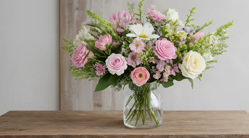 large spring flower posy, in vase, pastel spring natural flowers, hand tied, laid on rustic table, 14mm f1/8, full bunch, zoom out