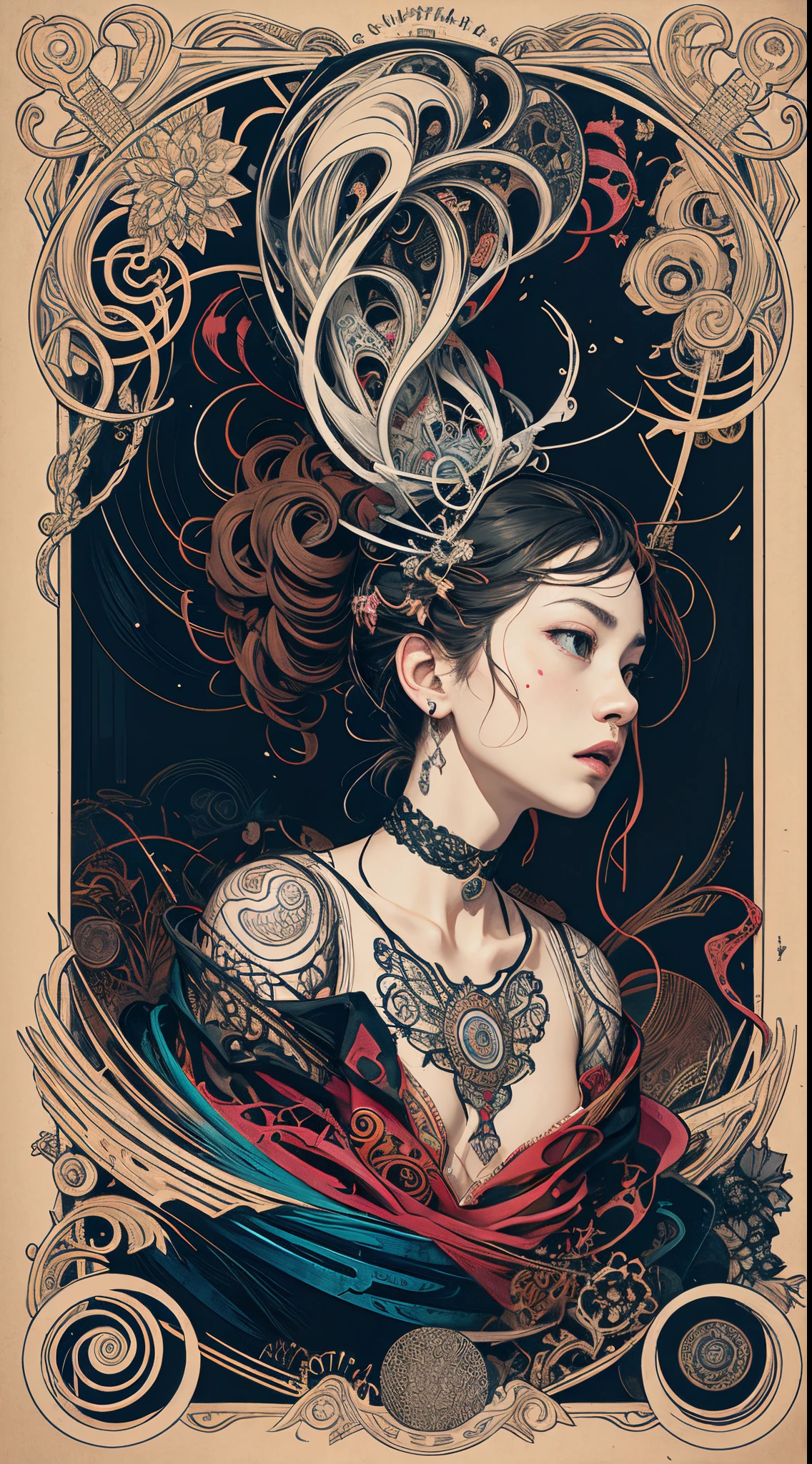 official art, unity 8k wallpaper, ultra detailed, beautiful and aesthetic, masterpiece, best quality, (zentangle, mandala, tangle, entangle), (fractal art:1.3) , 1girl, extremely detailed, dynamic angle, cowboyshot, the most beautiful form of chaos, elegant, a brutalist designed, vivid colours, romanticism, by james jean, roby dwi antono, ross tran, francis bacon, michal mraz, adrian ghenie, petra cortright, gerhard richter, takato yamamoto, ashley wood, atmospheric, ecstasy of musical notes, streaming musical notes visible