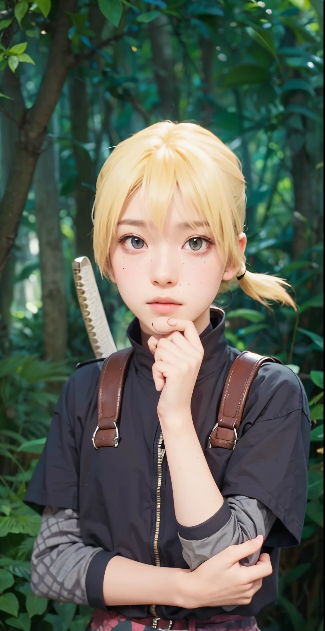 Real life adaption of this character ,teen handsome little boy , realistic same spiky hair , (realistic same outfit),realistic jungle background , realistic light, realistic shadow, realism, hyper realistic,(photorealistic:1.2), normal small eyes,there is realistic same katana on the back