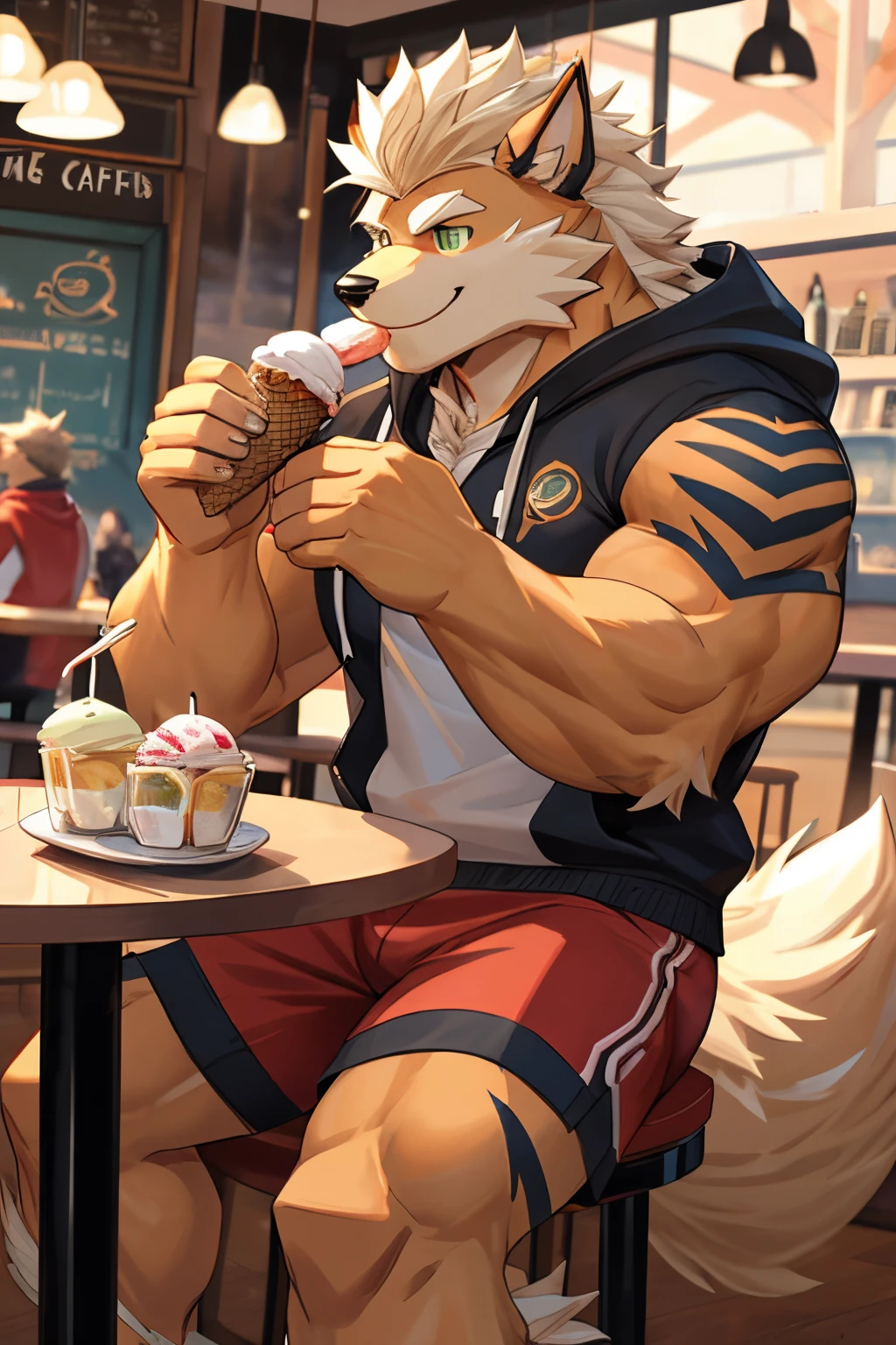 A hulking arcanine with green eyes is smiling and wagging his tail while wearing red shorts and a white sleeveless hoodie while eating ice cream at a cafe cheerfully smiling