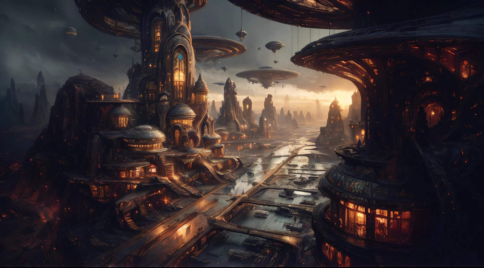 (High Quality, 8K, Ultra HD, Alien Airportm), Dark Fantasy, Fantastic Landscapes, Highly Detailed Landscapes, Moonlit, Alien City, Sci-Fi Future, Dark Art, Dis Topia atmosphere, mechanical retro world, Cappadocia-like land, light from building windows, strange architecture and streets inspired by Antonio Gaudi, dark skies, overcast skies, gray skies, art : Alberto Seveso, abstract art style, intricate and detailed watercolors, digital painting, concept art, 3D lighting, tanvirtamim, metal reflections, 2D rendering, Artgerm, ArtStat trends