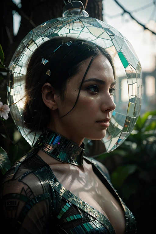Futuristic utopia, adventure, Aether, crack, nebula, green, travel, pretty, [:Vintage cars:15], (double exposure:1.3) Photo of a noble lady made of iridescent crystal glass mosaic with subdispersion mirror surface imposing itself on the transparent hollow trunk of the tree in the vivid brocade dress under the bust made of flowers, bokeh sky by Peter Gric, Conrad Roset, Brandon Kidwell, Andreas Lie, Dan Mountford, Dan Witz, agnes cecile, Jeremy Mann, Bellas Arts, Dramatic super moonshine, silhouette photo illustration, Amazing depth, intricate and detailed finely cracked surface, Stunning atmosphere, Fascinating whimsical vibrant landscape,