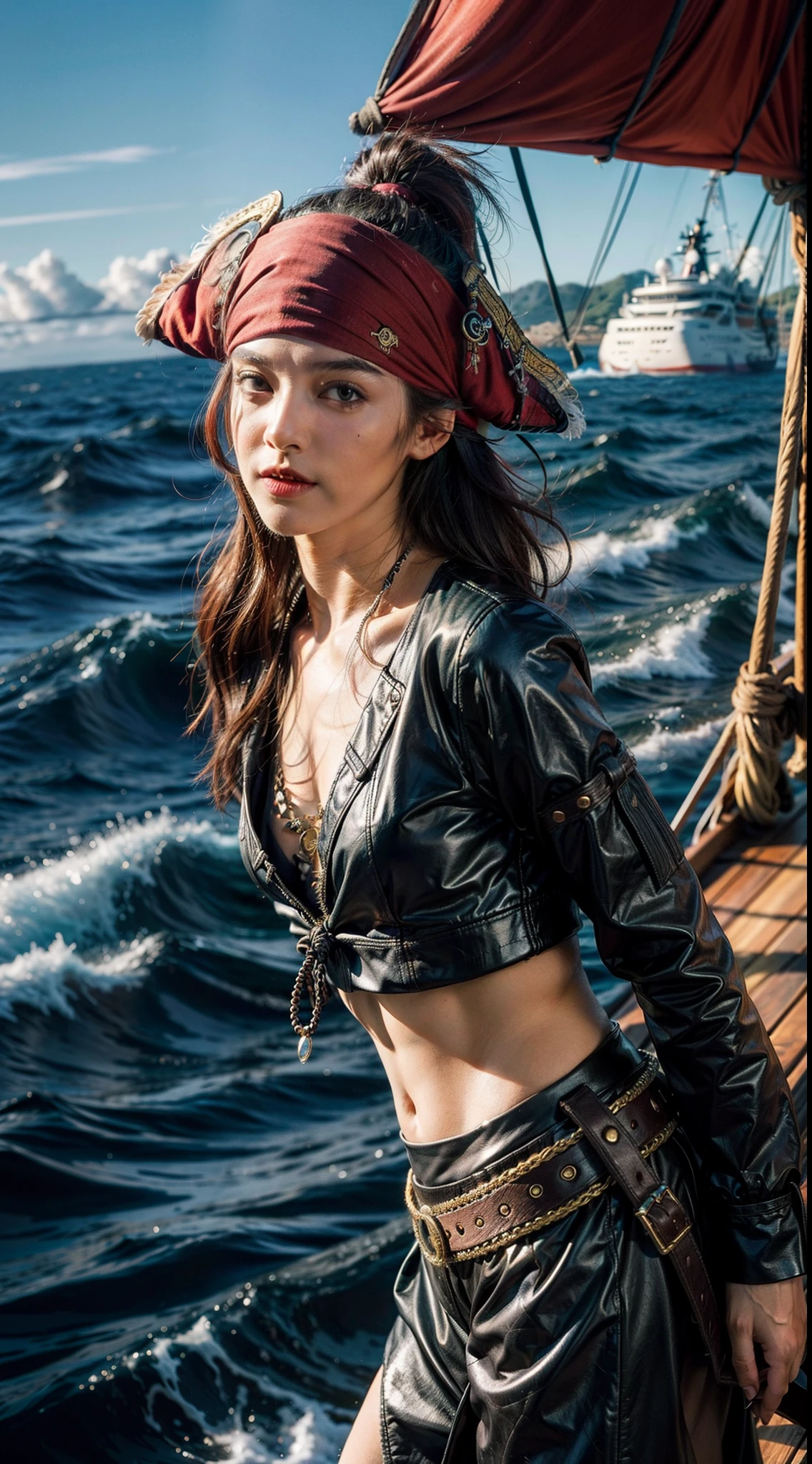 Y2k pirate fashion, y2k pirate outfit, vibrant mid-ocean ship scene, immersed in the vibrant atmosphere of a mid-ocean ship. The mid-ocean ship scene is alive, a lively mid-ocean ship, and people having fun because pirating, capturing the spirit of mid-ocean ship, mid-ocean ship, and self-expression that defined the pirate culture, midshot, centered image, ultra detail, extremely face detail, extremely eye detail, pirate outfit style, pirate outfit, skinny girl