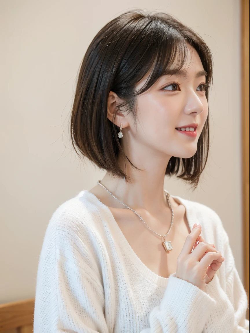 beautiful japanese female、Bob Hair, Bangs, Blonde, Beautiful eyes, Beautiful face, (cute smile face), Raw photo, 8K, detaileds,, (white and warm clothes), Pale lips, White skin, Textured skin, (High detailed skin), ((detailed finger)), Detailed fingers, Perfect body, Perfect face, (Blurry background), (Pretty girl), earrings, Bracelets, Necklace, (pale skin), (A hyper-realistic)、Winter clothes、brightly lit room、((30Japan year old woman))、profile、Shot in natural light、white walls、Taken in front of the white door、profile、Short bob hair