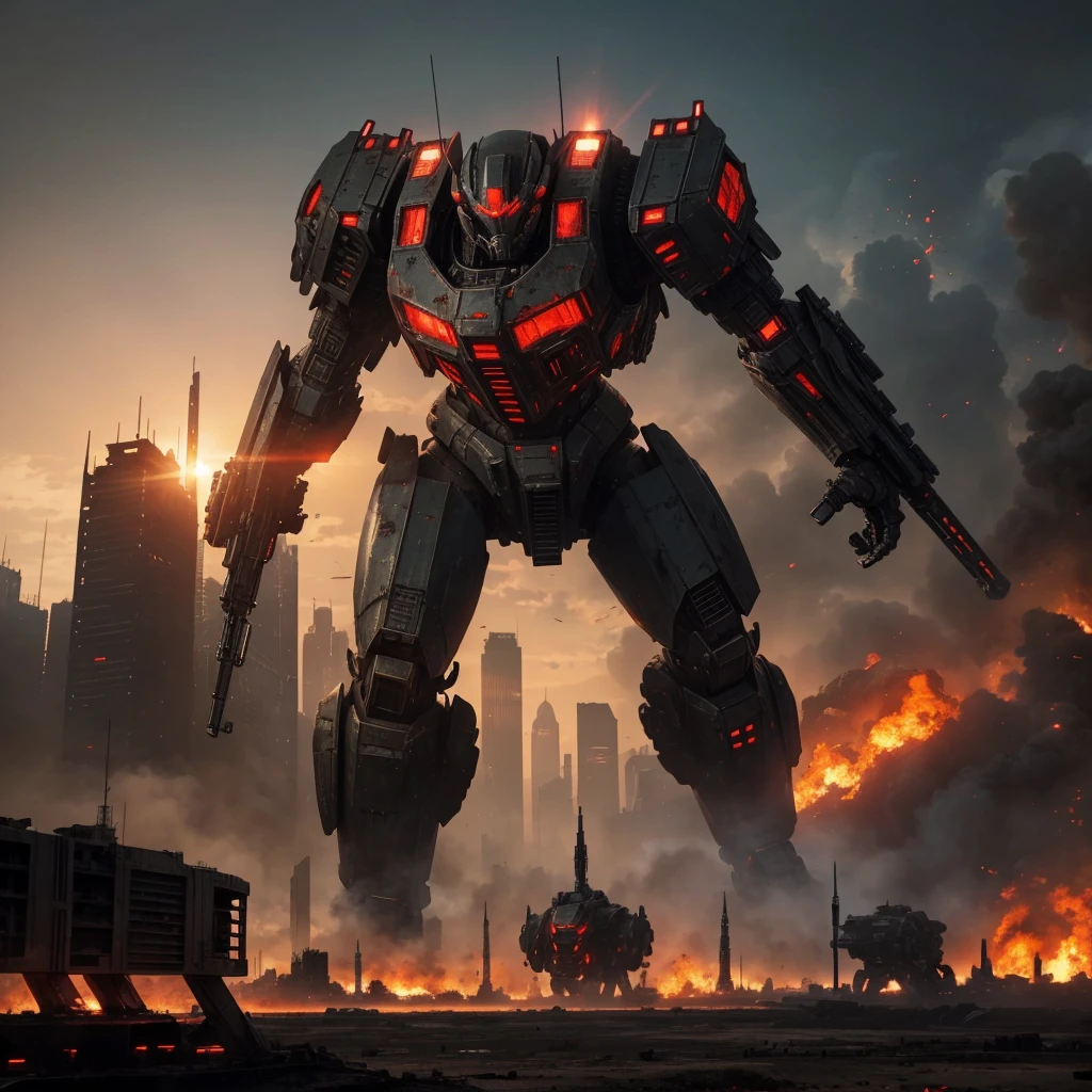 Realistic mech, red and black, ruined alien city landscape, very detailed picture, very high resolution, city on fire, armored and intimidating, in the style of mechwarrior game, skyscrapers in background