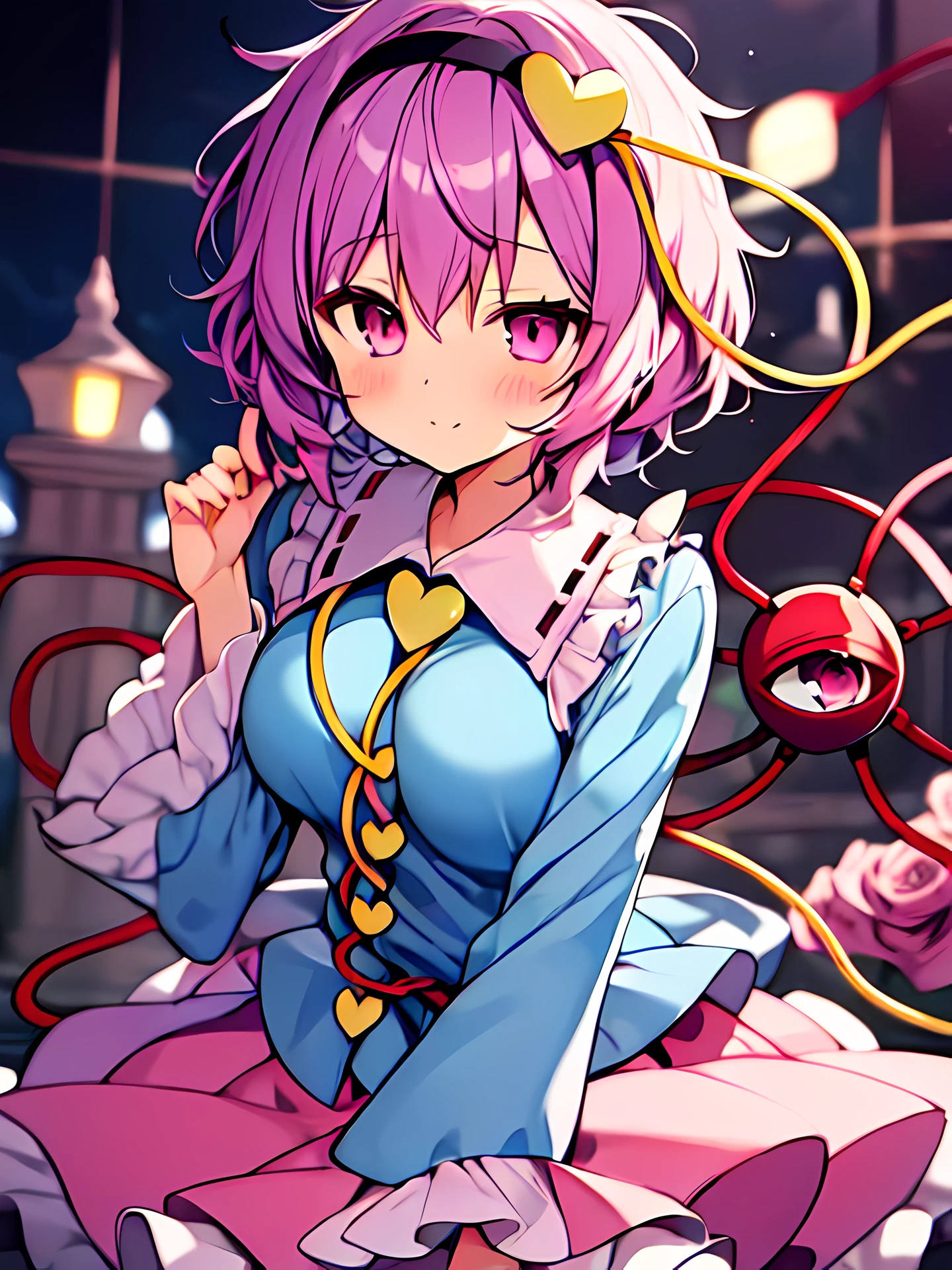 Komeiji Satori, Purple hair, Pink hair, Short bob cut , Pink eyes, Light blue shirt, Collared shirt, large full breasts, Pink skirt, rose pattern skirt, White Castle