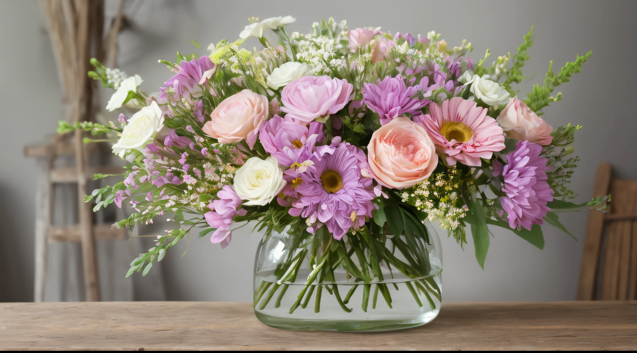 large spring flower posy, in vase, pastel spring natural flowers, hand tied, laid on rustic table, 14mm f1/8, full bunch, zoom out