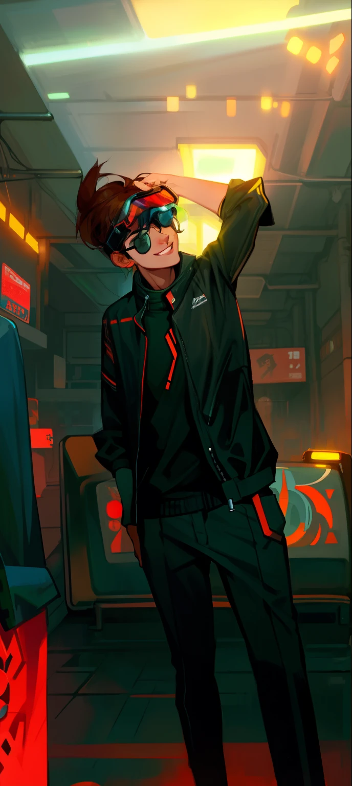 Real face, Cyberpunk, man with goggles on his eyes, realistic background and with a happy expression, with a beautifull eyes, with accurate face, around 1 9 years old, jayison devadas, wearing goggles, without helmet, good looking face, insane attitude , 8k selfie photograph, selfie photo, front profile!!!!, ayan nag, lovely smile, friendly smile cyberpunk