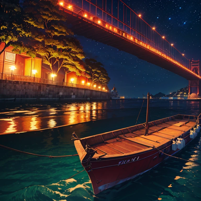( an anime scenario/4K Manga, vila do porto, pela noite, there is no one on the streets, um rio passava pela aldeia e muitos navios e barcos paravam e descarregavam ali, por isso vila do porto, um lugar feito quase que feito de madeira e ferro e pontes, besides the moonlight, the only thing that illuminates are the red street lights, some trees there, apenas um barco de carga passando por ali, de noite)( IN THIS SAME SCENARIO, DRAW THE ANGLE OF VIEW FROM INSIDE THE CARGO BOAT)