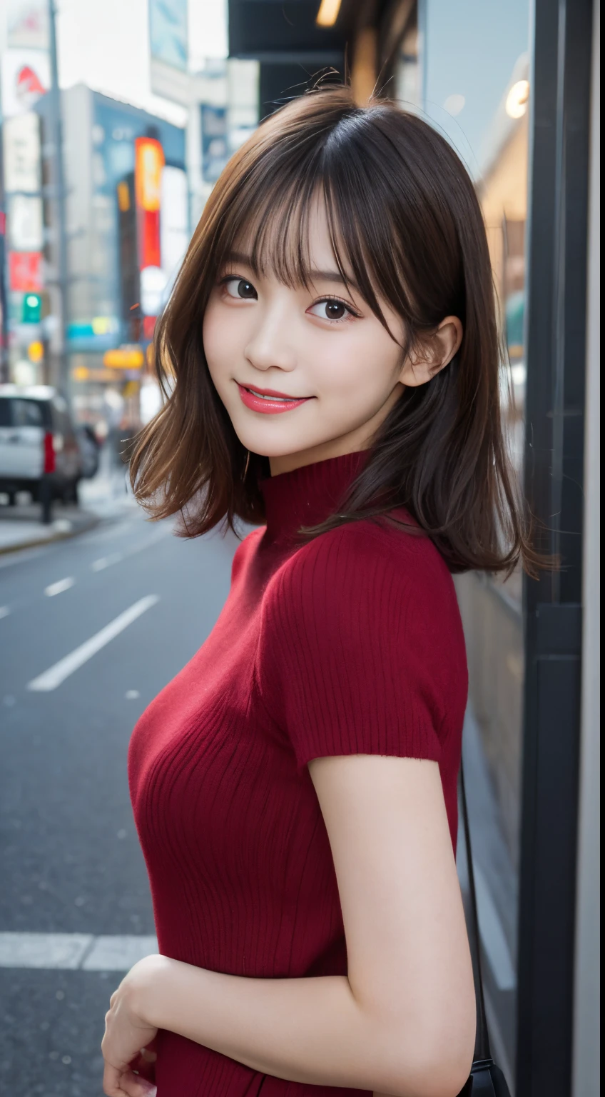 table top,looking at the viewer,Tokyo cityscape,highest quality, Photoreal, finely, High resolution, 8k wallpaper, perfect dynamic composition, finelyて美しい目, medium hair, big and full breasts, I can't see the valley,random sexy pose,chest to chest,((tight mock neck knit sweater(red))),(Breast bulge 1.5),emphasized chest,big breasts,big smile,25 years old,(droopy eyes 1.4),adult beauty