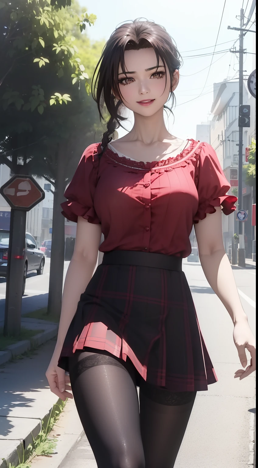 8k, masterpiece, RAW photo, best quality, photorealistic, extremely detailed CG unity 8k wallpaper, Depth of field, Cinematic Light, Lens Flare, Ray tracing, (extremely beautiful face, beautiful lips, beautiful eyes), intricate detail face, ((ultra detailed skin)) misako,in the dark, deep shadow, pretty misako (very slim slender fit-muscled body:1.3), ((looking at viewer)),(big smile:1.3), (short skirt ), (red mini skirt ), pantyhose, clear eyes, walking , front shot, (pale skin), (big eyes), face forward, (red shirt),  (brown hairs), ((laced blouse)),,(looking at viewer:1.3) very slim, medium breasts, stockings, street, buildings, tree, sunny, (plaid skirt), (high heels), gentle skirt