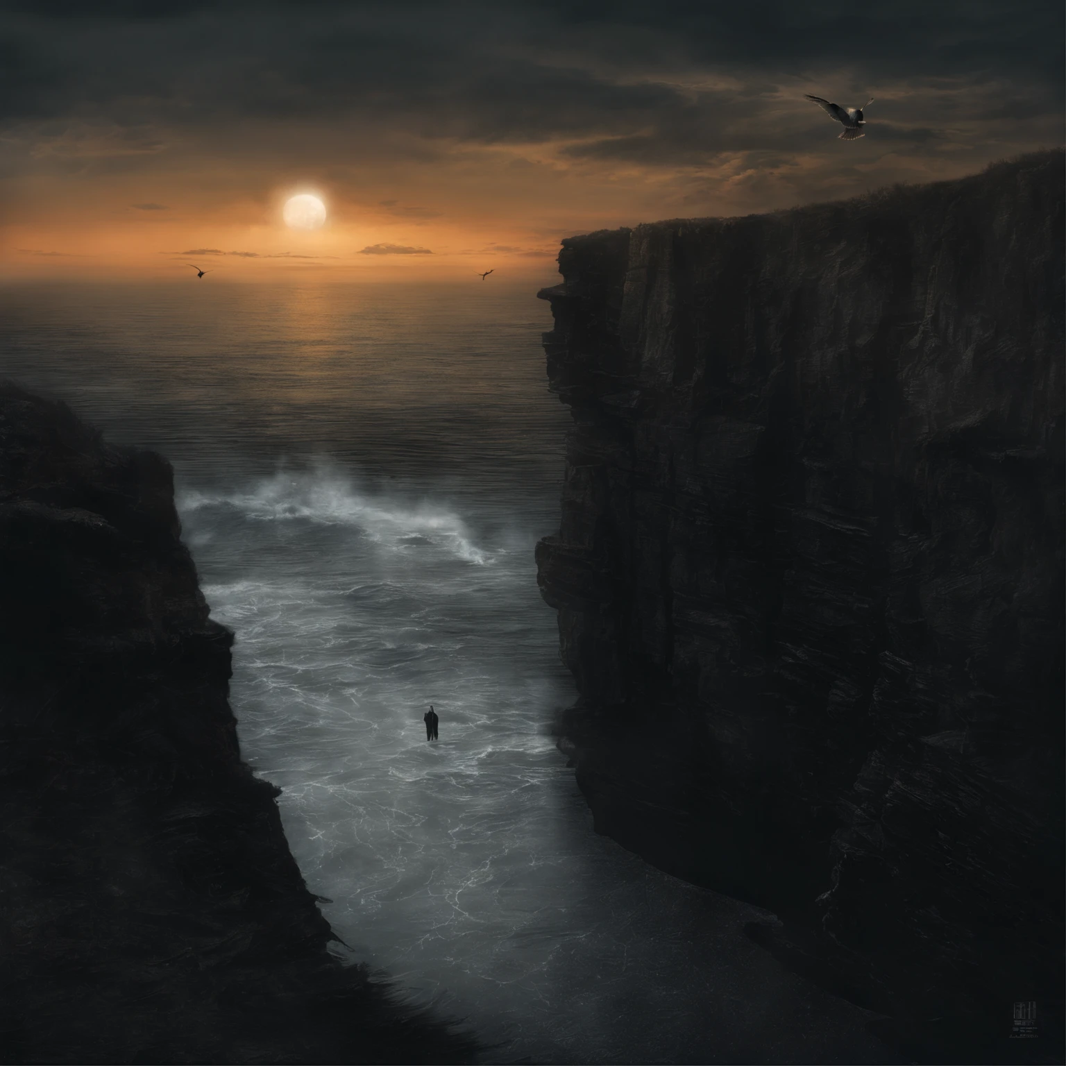 The dawn light slowly illuminates a lone figure standing on the rocky cliffs overlooking the ocean. The orange hues of sunrise stretch across the vast expanse of water and color the few scattered clouds on the horizon. As waves rhythmically roll into the shore below, a soft breeze causes the long grass to sway gently around the still silhouette.

With eyes closed and arms uplifted slightly, the figure drinks in the crisp salty air. There is no tension in the posture - only quiet strength and assured poise. The rising sun begins to warm the scene with its hopeful rays. In the distance, a single seabird takes flight, soaring freely through the calm air.

As the figure on the cliff opens his eyes to take in the magnificent scene, there is no anxiety in his expression. His bearded face shows no signs of worry or distress, just attentive focus. With the golden glow of dawn illuminating his features, he exudes vigilant courage, deep inner resolve, and a confidence not rooted in himself but in the environment around him.

Though the cliffs are perilous and the waters below turbulent, the man's poise suggests perfect self-control and fearlessness - as one drawing equanimity from the very ground beneath his feet and the skies stretching to eternity above him.