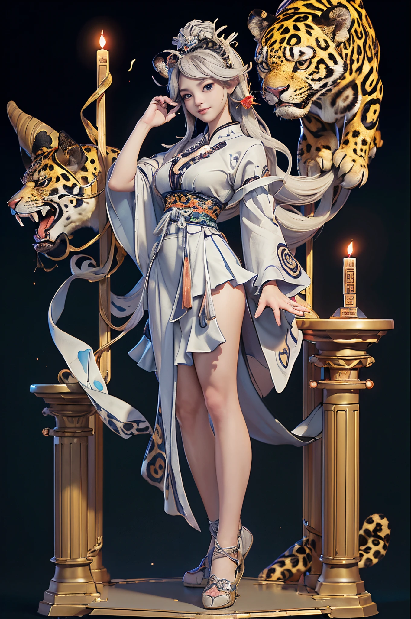 ((Sculpture design)),((full body portrait of person:1.6)),((undying)),((tmasterpiece)),【Create a LOGO based on:(jungle spirit,Appear in female form,),(Chinese mythology:1.5),(There is a jaguar next to me:1.6,complete jaguar:1.6),(A MILF,熟妇,mature,big chest and thin waist,long leges,Goddess Fan,),(wildness),(Enchanting figure),(Perfect woman),(Long layers of silver hair:1.4),ear nipple ring,Large breasts,Expose breasts exposed,((Headdress symbolizing God))】,((Fluttering skirts)),(dunhuang:1.2),((Sexual suggestiveness)),(Computer graphic arts:1.4), (s fractal art: 1.2),(( 32K,A high resolution,hyper HD,)), (( Professional Quality,Perfect photography, ray traycing, perfect volumetric lighting, hight quality octane render, High quality vectors)), ((hyper-detailing:1.2,Complicated details:1.2)), ((ultra real photo,フォトリアリスティック,3 Rendering)),((epic image)),(Blind box toy style:1.6),((simple backgound,Deep dark background:1.2,with black background)),((Detailed faces)),((詳細な目)),((Clean the skin)),(correct hand:1.6),(Complete and beautiful five fingers:1.6),(Head and body proportion anatomical model:1.6),(Anatomically correct perspective and occlusion:1.5),(Correct anatomy:1.5),(Add a base:1.6),(Tangled pedestal::1.6),(Character centered:1.4),(Warm color palette),