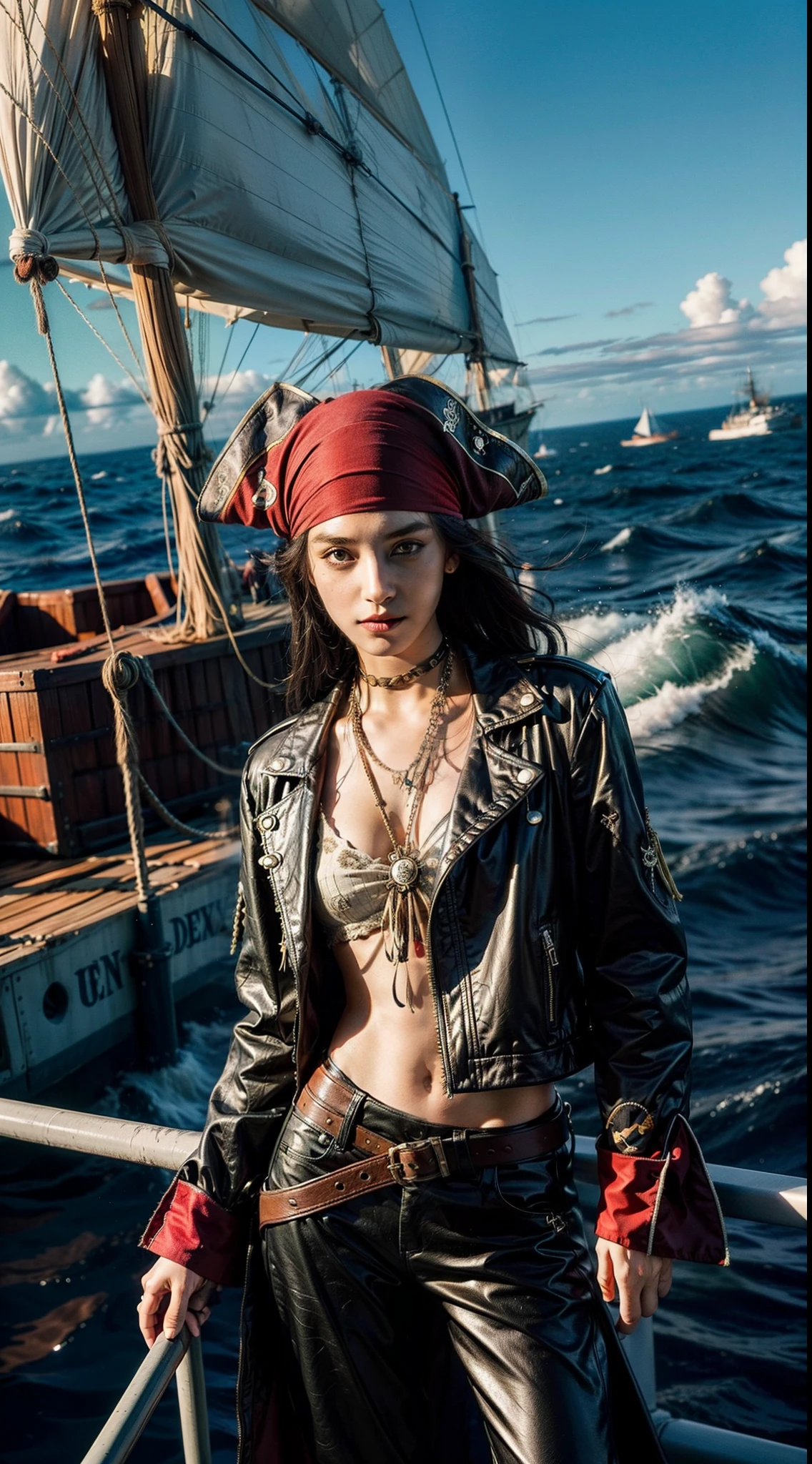 Y2k  pirate fashion, y2k pirate outfit, vibrant mid-ocean ship scene, immersed in the vibrant atmosphere of a mid-ocean ship. The mid-ocean ship scene is alive, a lively mid-ocean ship,  and people having fun because pirating, capturing the spirit of mid-ocean ship, mid-ocean ship, and self-expression that defined the pirate culture, midshot, centered image, ultra detail, extremely face detail, extremely eye detail, pirate outfit style, pirate outfit, skinny girl
