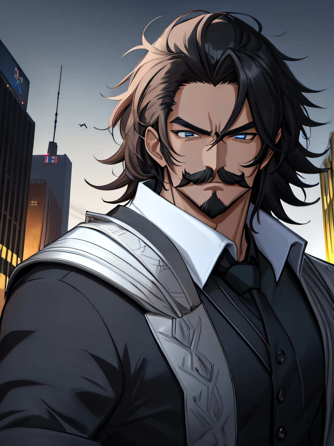 ((anime)) (Anime style) A 40 year old but still very attractive man with a perfectly proportioned figure., cuerpo musculoso de hombros anchos, con corto, cabello negro azabache ondulado hasta los hombros y ojos marrones, he has light brown skin, Tiene un elegante bigote negro azabache que cubre su labio superior.. ((Rasgos faciales mexicanos, Etnia mexicana.)) el es un hombre hermoso, lleva una camisa azul oscuro y pantalones negros, sobre el cual lleva una levita negra muy elegante, que se adapta a su cuerpo. Adopta una pose heroica, tiene una mirada traviesa, (ojos de anime, ojos detallados, Cara detallada, Cara hermosa) mientras mira alrededor de una ciudad en la noche. 128K Ultra High Definition, 128K Calidad ultra alta, 128K Ultra High Resolution, Best Definition, La mejor calidad, better resolution, perfectamente detallado, Perfectly designed, extremadamente detallado, Extremely designed, hiper detallado.