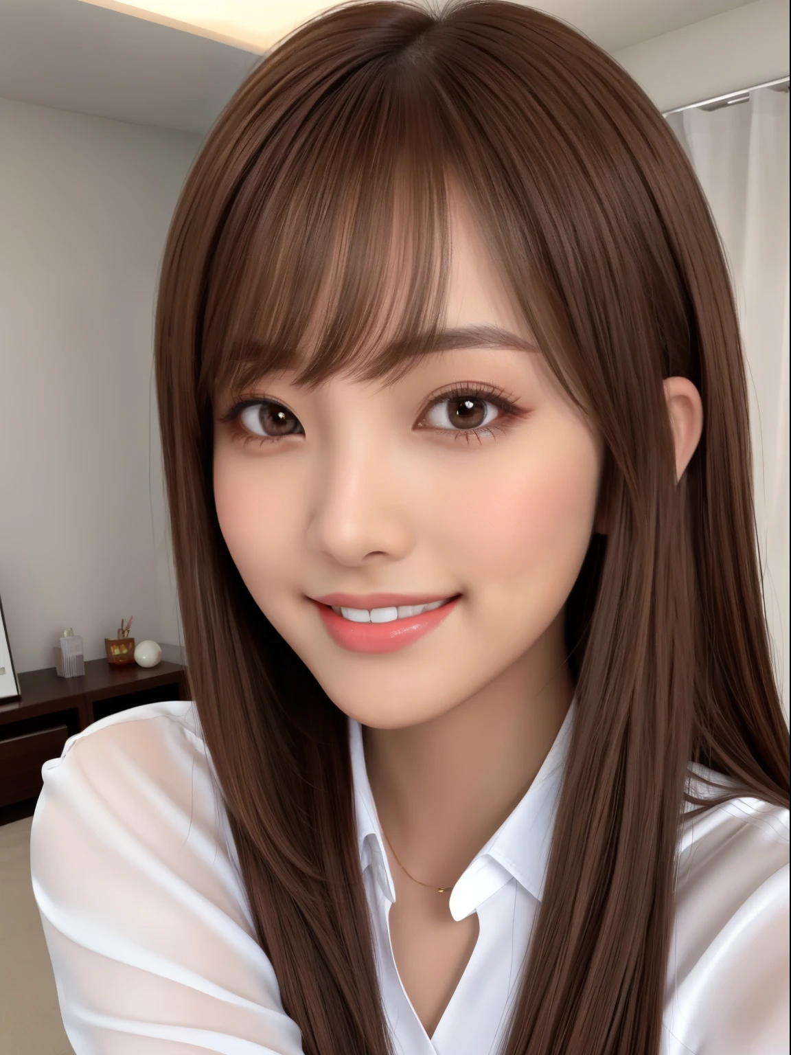 Product quality, upperbody shot, Front view, 1girl in, a Japanese young pretty woman, Long bob hair, hyper pretty face, Glamorous, I wear a satin silk white shirt with short sleeves and long sleeves with a collar, With a big smile in her room, Glossy lips, double eyelids for both eyes, Natural makeup, long eyelashes, shiny smooth light brown hair, asymmetrical bangs, Tanned skin, central image, hight resolution, high detailing, detailed hairstyle, Detailed face, 电影灯光, Hyper realistic, perfect bodies,
