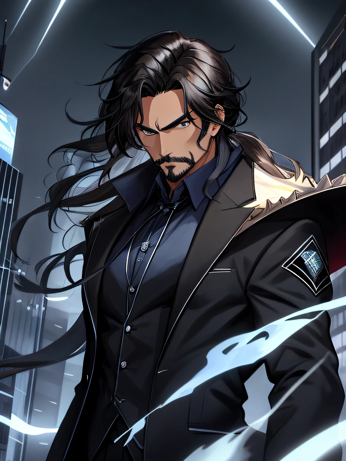 ((anime)) (Anime style) A 40 year old but still very attractive man with a perfectly proportioned figure., cuerpo musculoso de hombros anchos, con corto, cabello negro azabache ondulado hasta los hombros y ojos marrones, he has light brown skin, Tiene un elegante bigote negro azabache que cubre su labio superior.. ((Rasgos faciales mexicanos, Etnia mexicana.)) el es un hombre hermoso, lleva una camisa azul oscuro y pantalones negros, sobre el cual lleva una levita negra muy elegante, que se adapta a su cuerpo. Adopta una pose heroica, tiene una mirada traviesa, (ojos de anime, ojos detallados, Cara detallada, Cara hermosa) mientras mira alrededor de una ciudad en la noche. 128K Ultra High Definition, 128K Calidad ultra alta, 128K Ultra High Resolution, Best Definition, La mejor calidad, better resolution, perfectamente detallado, Perfectly designed, extremadamente detallado, Extremely designed, hiper detallado.