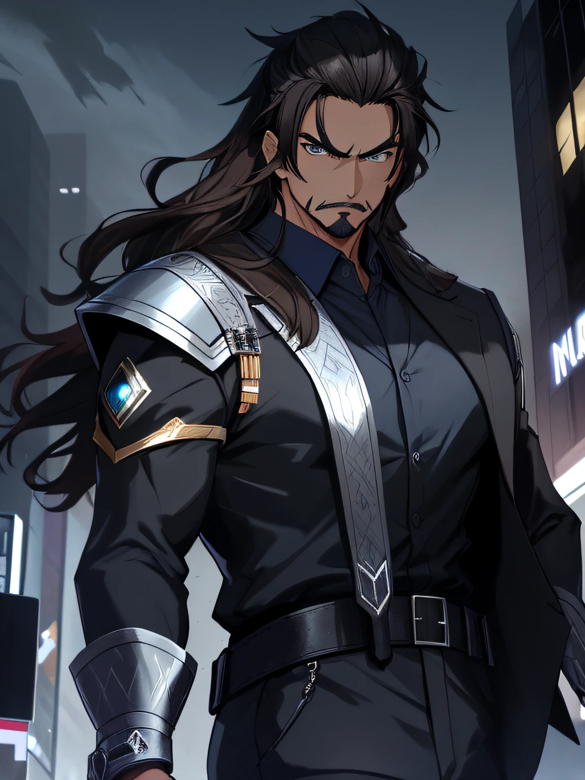 ((anime)) (Anime style) A 40 year old but still very attractive man with a perfectly proportioned figure., cuerpo musculoso de hombros anchos, con corto, cabello negro azabache ondulado hasta los hombros y ojos marrones, he has light brown skin, Tiene un elegante bigote negro azabache que cubre su labio superior.. ((Rasgos faciales mexicanos, Etnia mexicana.)) el es un hombre hermoso, lleva una camisa azul oscuro y pantalones negros, sobre el cual lleva una levita negra muy elegante, que se adapta a su cuerpo. Adopta una pose heroica, tiene una mirada traviesa, (ojos de anime, ojos detallados, Cara detallada, Cara hermosa) mientras mira alrededor de una ciudad en la noche. 128K Ultra High Definition, 128K Calidad ultra alta, 128K Ultra High Resolution, Best Definition, La mejor calidad, better resolution, perfectamente detallado, Perfectly designed, extremadamente detallado, Extremely designed, hiper detallado.