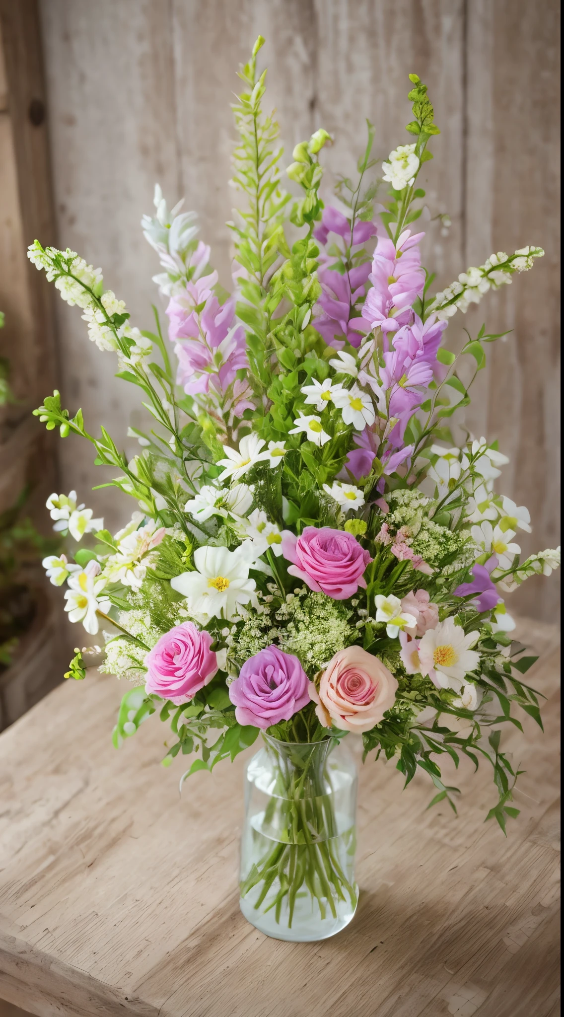 large spring flower posy, in vase, pastel spring natural flowers, hand tied, laid on rustic table, 14mm f1/8, full bunch, zoom out