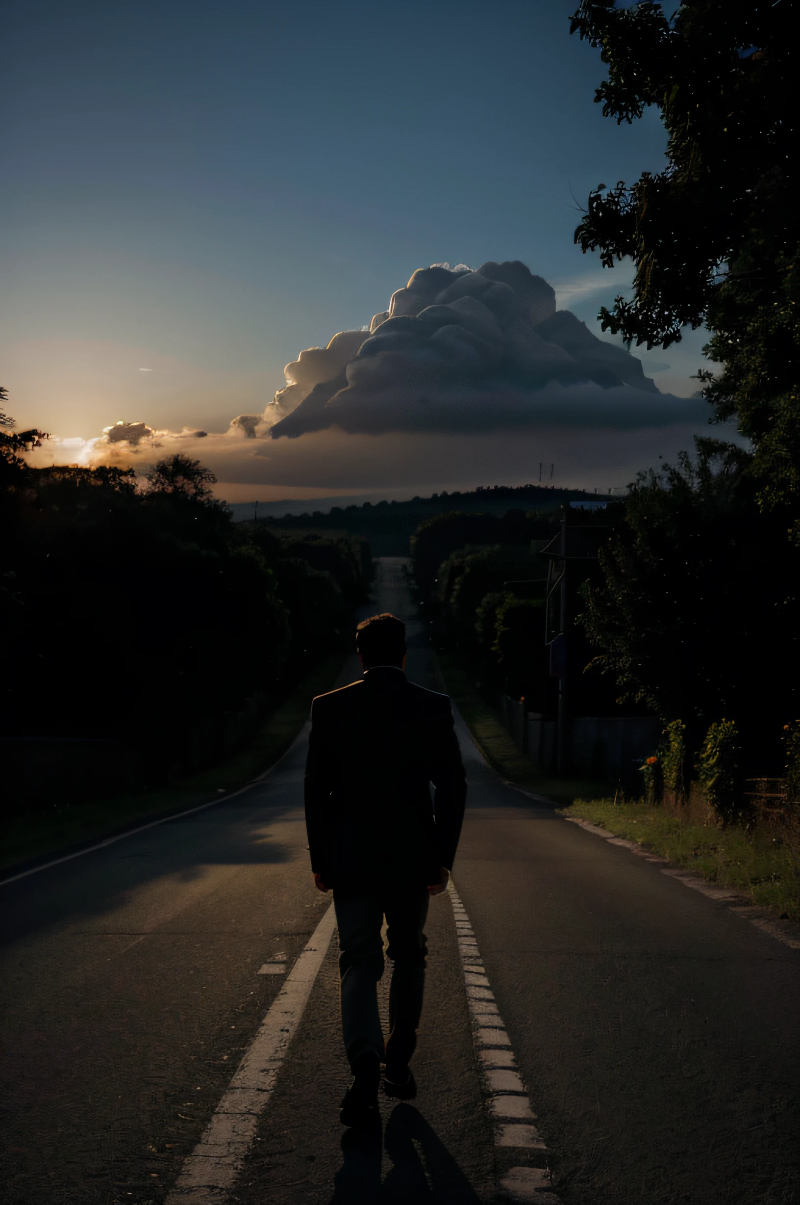 The silhouette of a man walking down a long road and an angel coming from heaven touching this man's head.