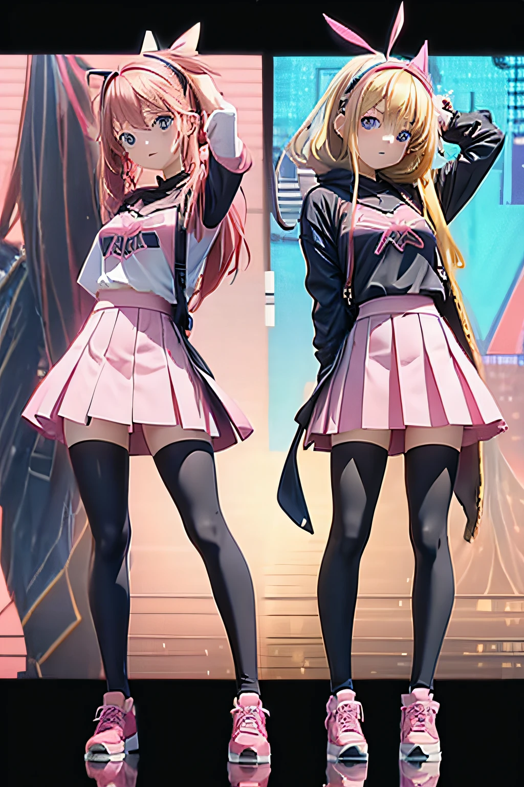 anime vTuber character sheet containing full body shot of an anime girl standing in T-pose. the girl has leggings and a pink skirt. girl facing directly at the camera. T-pose is symmetric from head to toes. give her blue eyes and blonde hair.