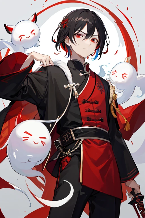 ((tmasterpiece:1.4,Best quality))++,(hyper-detailing)+,(Best quality,hyper-detailing,vibrant with colors,rich colourful,dynamic angle,hight contrast:1.2),A boy with,shoun,Height about 162cm,Blood-red eyes,with short black hair,straight bangs,Chinese element clothing,uniform elements,Sleeves and pants that are not baggy,Bana flower element,Chinese ghost elements,There are several transparent white cute ghosts behind it and there are Chinese charms attached to some places on their bodies.,Wearing black nail polish,The colors of clothes are mainly red, black and white and brown and other dark colors。The picture shows the entire human body,long sleeve trousers,Calm expression but a bit crazy,cool looking,It feels great,Eat a sword with your hand,Cloak,Fashionab, with dynamism, garments, posing on a, frontage, rich colourful, dyna, Background with, element in, self-assured, Expressing the, statement, fittings, A majestic, coil, Runt, Scenes, Cover of a, boldness, attention-grabbing,Fashionab, typeface, Catchy, attention-grabbing, modern day, Fashionab, focal, Fashionab,delicated face,exquisite facial features,National tide,full bodyesbian