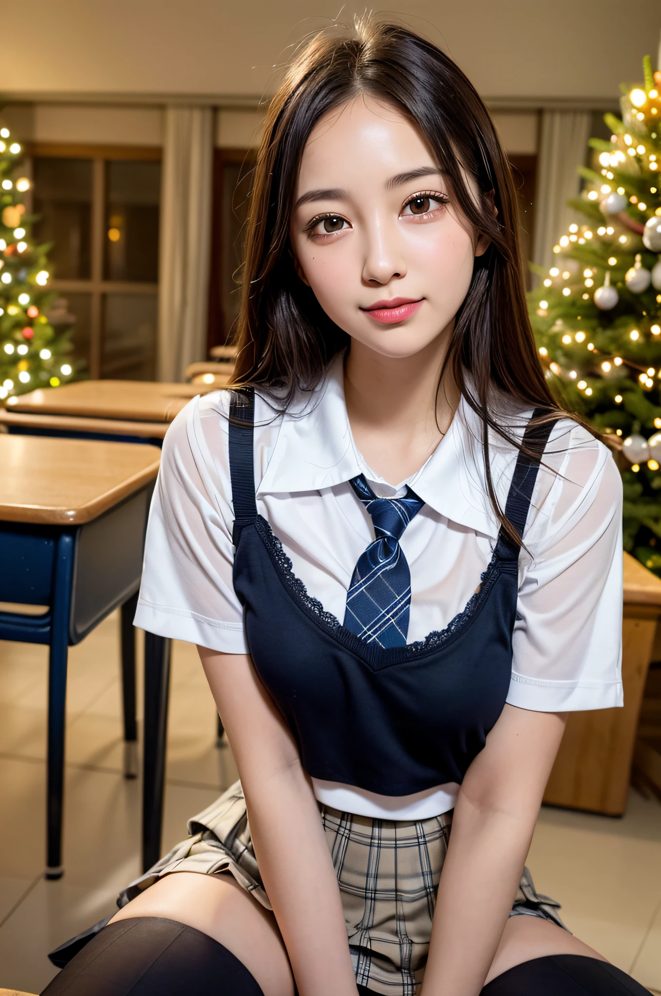 1girl in, Extremely cute face, Amazing face and eyes, (Highly detailed eyes, Highly detailed face), (Hyper-realistic, hight resolution), (Best Quality:1.4), Raw photo, (Realistic, Photorealsitic:1.37), Professional Photography, Cinematic Light, (lace bra:1.25), (Amazing breasts:0.8), (School uniform, Pleated mini-skirt:1.5), (Uniform with open chest), Smile slightly, Sitting, Spread your legs wide, Staring at me, plein air, city, Christmas tree, Christmas Lights, Christmas Ornaments,