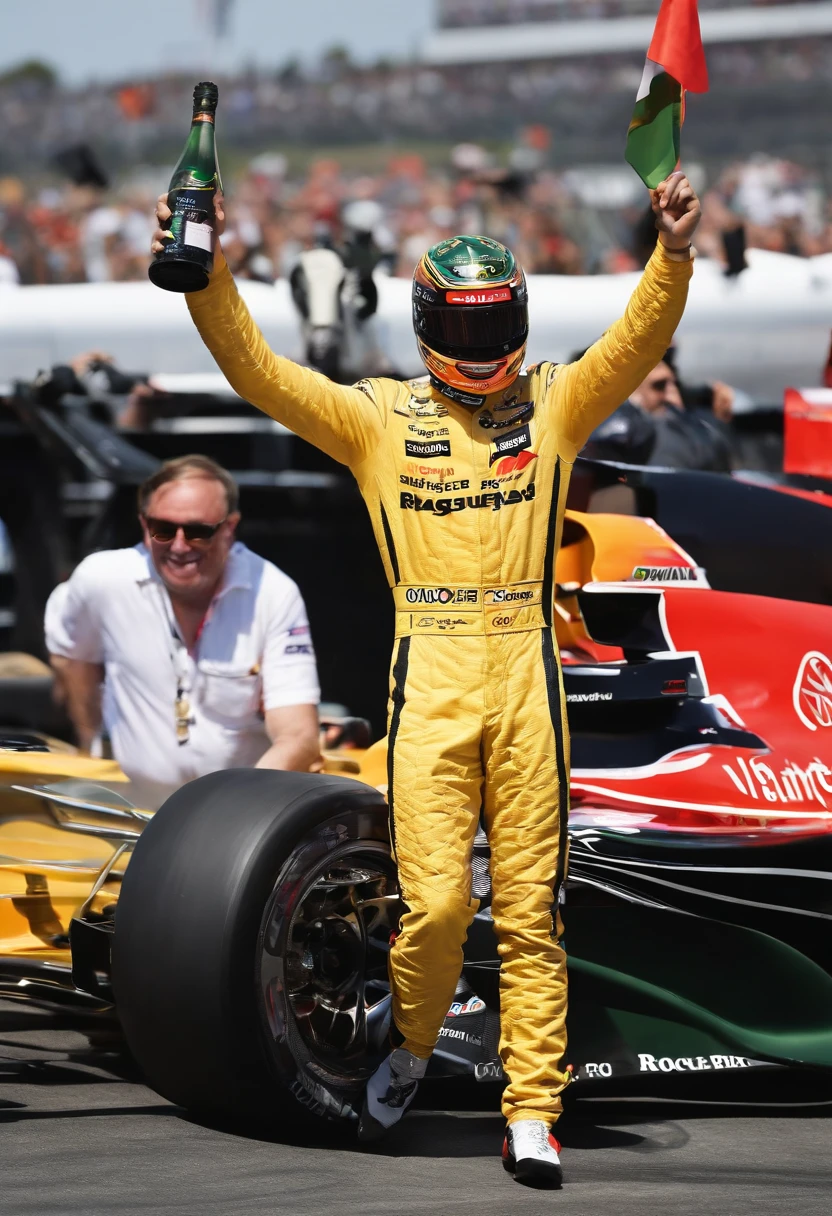 A photo of Sterling celebrating with a bottle of champagne on the winner's podium, surrounded by cheering fans and fellow racers.,original,Max “Velocity” Sterling, a fictional Formula One champion, is the epitome of speed and charisma on the racetrack. With a sharp, athletic build, his appearance is as flashy as his driving style, often seen in custom racing gear emblazoned with bold logos and his trademark lightning symbol. His hair is styled with the same carefree audacity that he shows behind the wheel, and his confident, roguish smile has made him a heartthrob in the international racing scene. , male