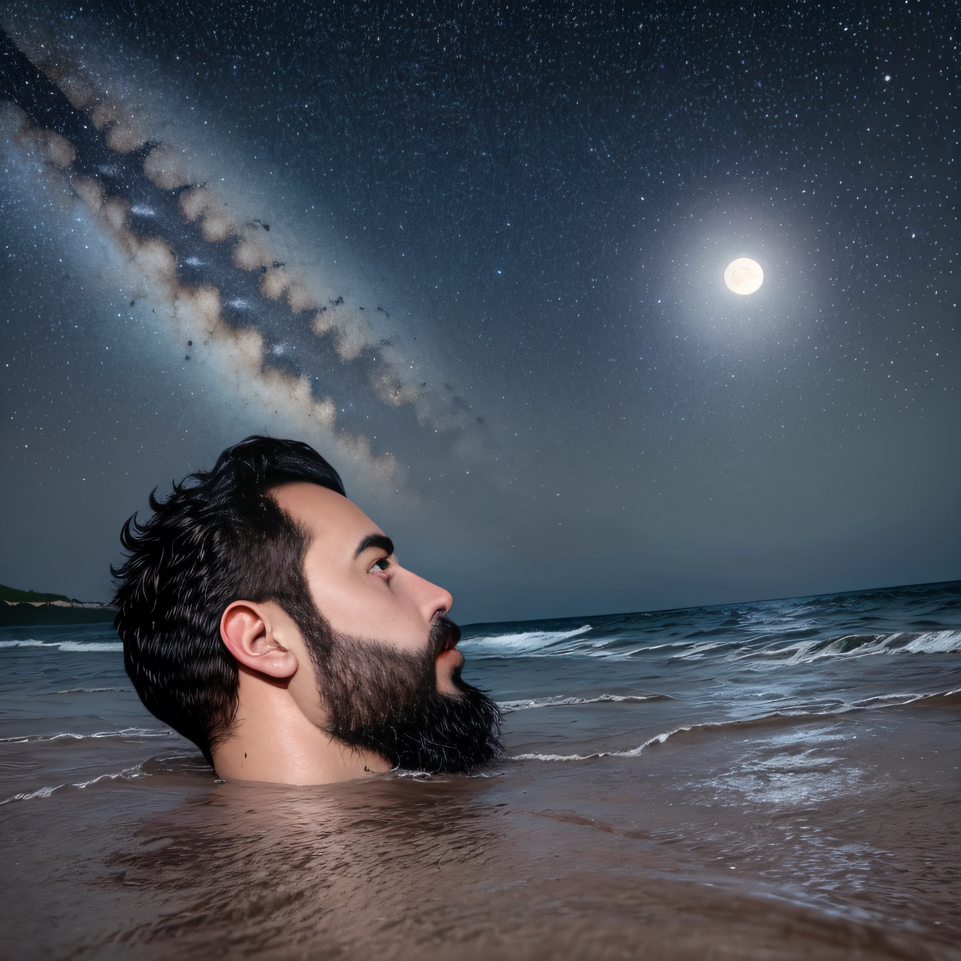 Obra maestra, La mejor calidad, High resolution, Retrato de primer plano, Enfoque masculino, Enfoque en solitario, muscular, corpulento, peludo, masculino, un hombre, en un mar, con la mitad de su cuerpo sumergido en el agua, behind a starry sky with a moon in the center, amazing composition, Front view, HDR, volumetric illumination, Calidad Ultra, elegante, Altamente detallado