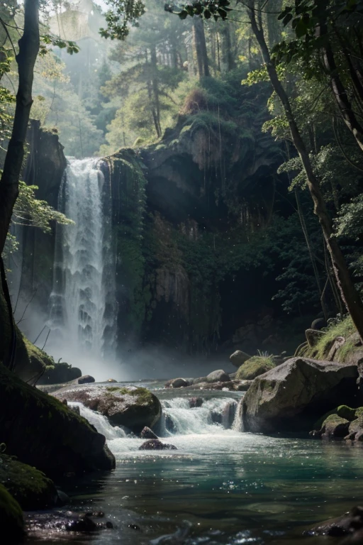 a cave beyond water fall,mist,haze,forest,modern,tech,(best quality,4k,8k,highres,masterpiece:1.2),ultra-detailed,(realistic,photorealistic,photo-realistic:1.37),HDR,UHD,studio lighting,ultra-fine painting,sharp focus,physically-based rendering,extreme detail description,professional,vivid colors,bokeh,landscape,concept artists,blue-green color scheme,soft and diffused lighting