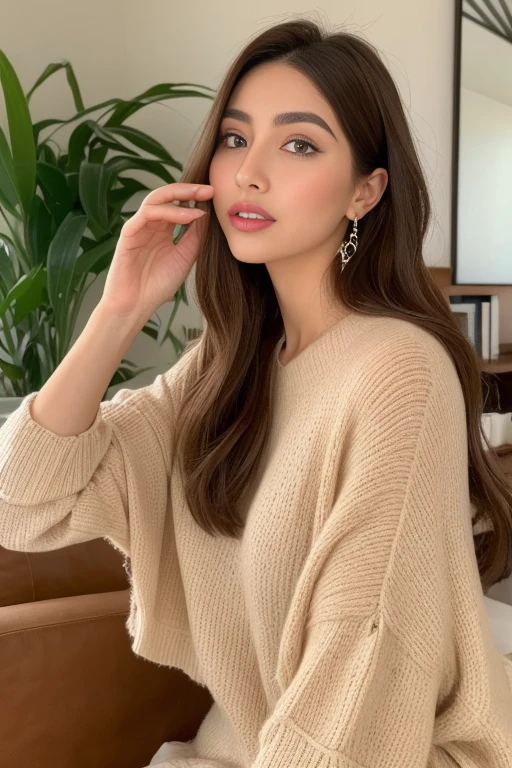 Woman posing for the camera in a sunny living room while putting on makeup, a portrait inspired by Gina Pellón, Instagram, tachismo, Violeta Myers, lorena avarez, olivia culpo, alanis guillen, Parece Laura Barriales, Retrato Sophie Mudd, Curtido Ameera al Taweel , Hermosa mujer, Short brown hair