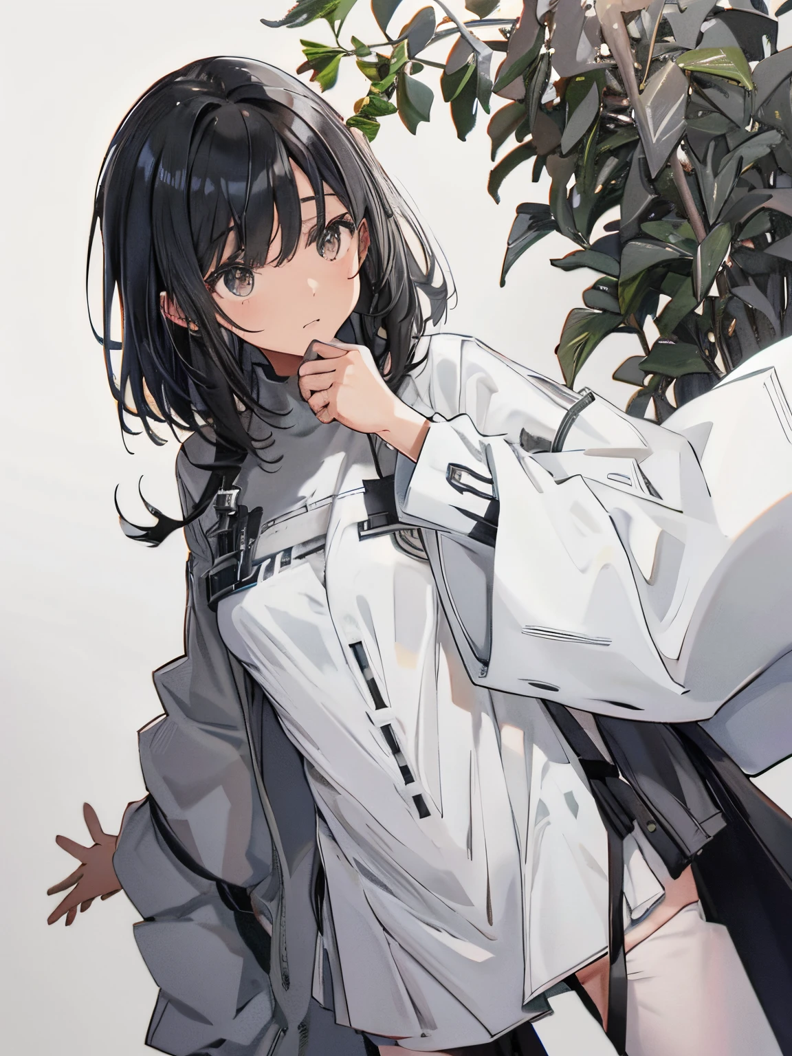 【Highest Quality, masutepiece】 [girl, Manteau, expressioness, brown eyes, front facing, Black hair, Slender beauty,straight haired, Bery short hair ,Upper body] (Gray white background:1.5), Surprised,shirt Lift,beauty skin,
