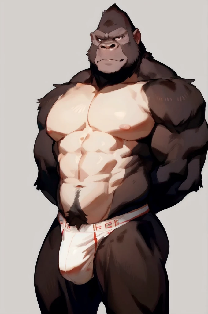 Solo, Furry, Anthro, Gorilla, Male, E621, Standing, Muscular, Hands behind back, Wearing underwear, Plain background, Front view, Light skin, By bebebebebe