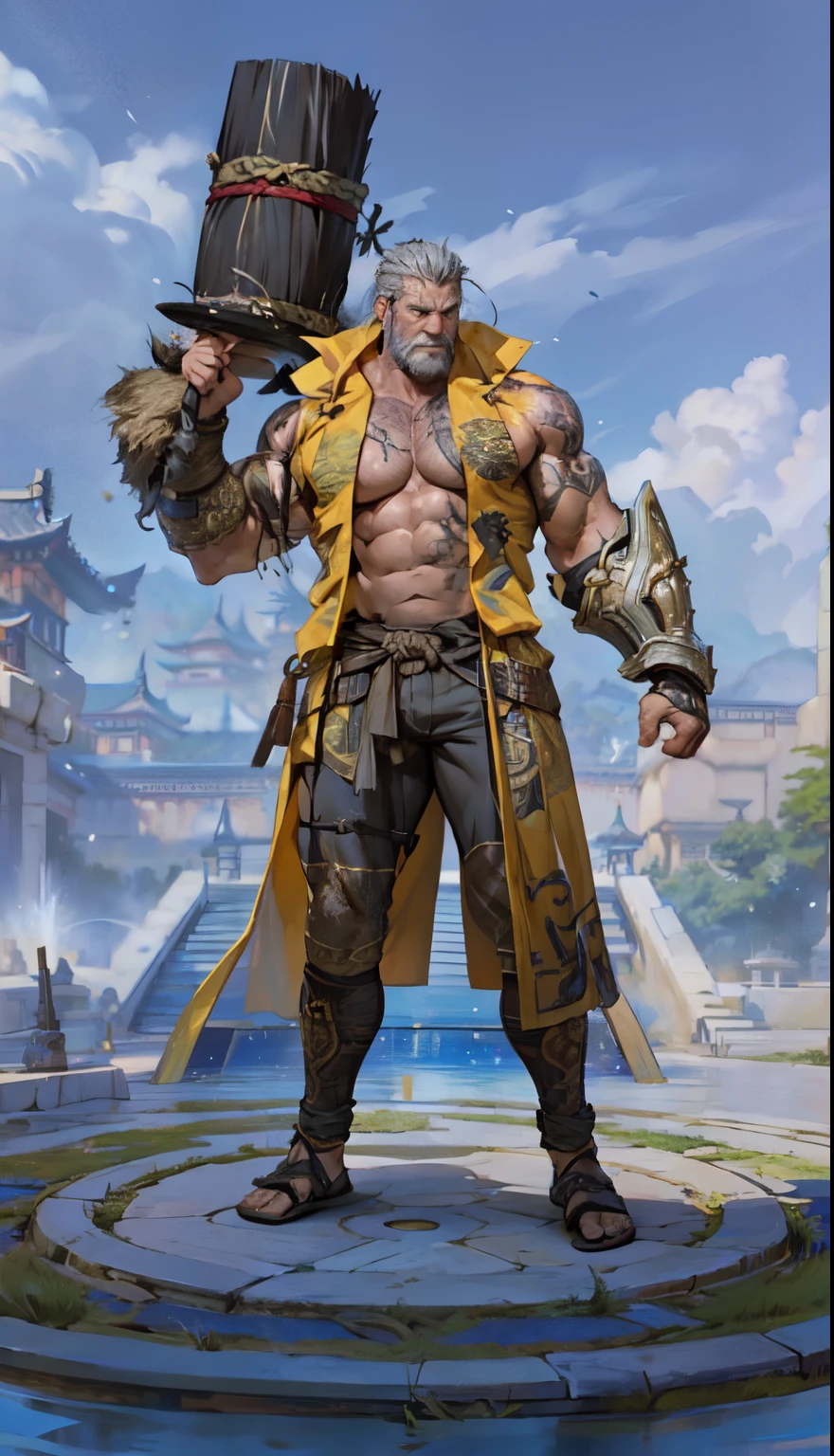 Northeast Grandpa, A Chinese man of about 39 years old, Rough and handsome looks,Strong body hair，barechested，Biceps，Oversized muscles, Big waist round, Lie in the pool, Wearing Tang Dynasty armor, Brush cut, vred, scowling, Masterpieces of the best quality，background of China, Get wet，sweat leggs，（Tattooed with:1.5），（musculous:1.5），（fatness:2），（Gray hair:1.5），（Gray body hair:1.5），（Skin Wrinkles:1.5），（gloss on the skin:0.5），