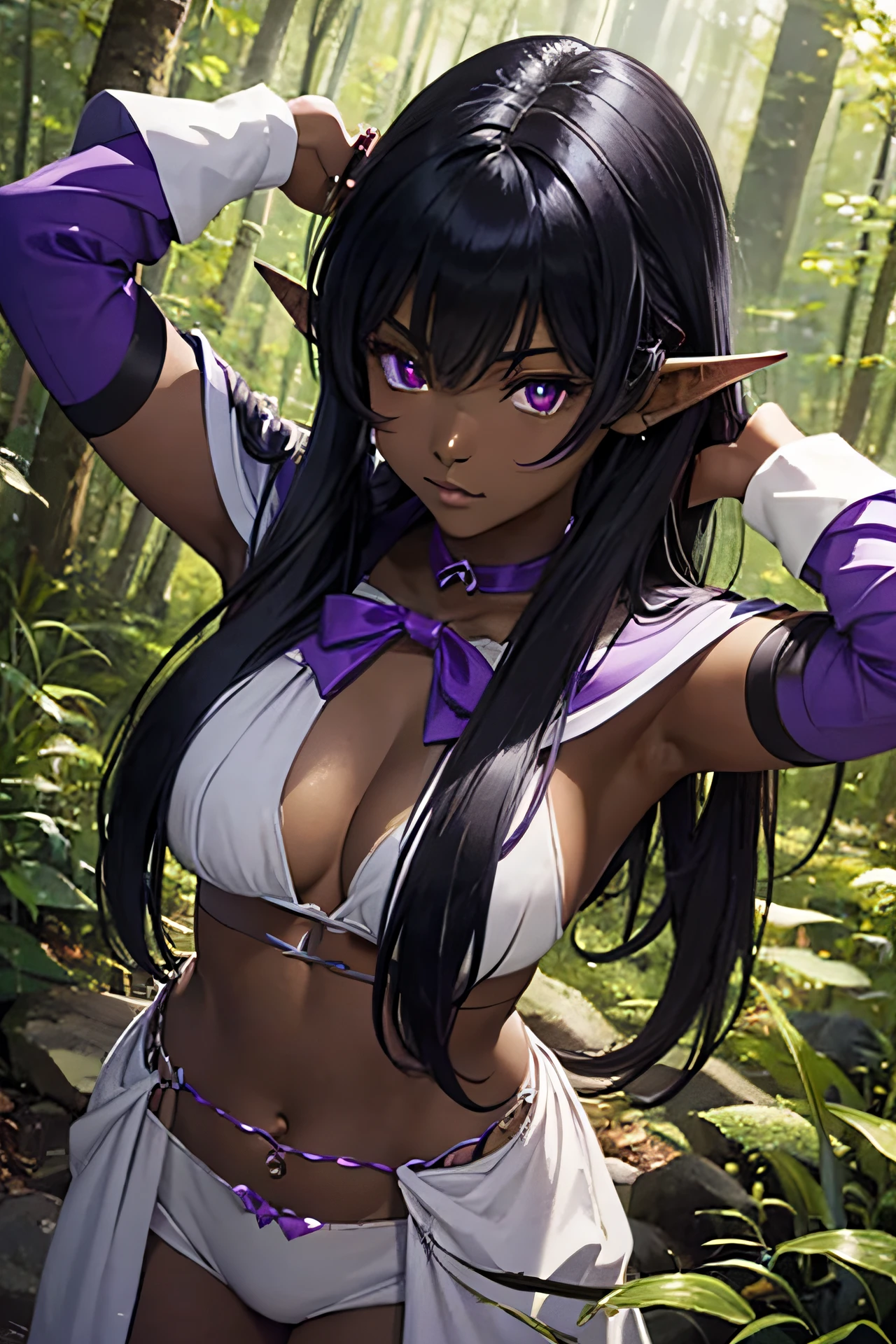 I want to make anime character. She is in a forest. She is an dark elf and has dark skin. She is carrying a bow. She has big and purple eyes. She is and adult, 30 years old.