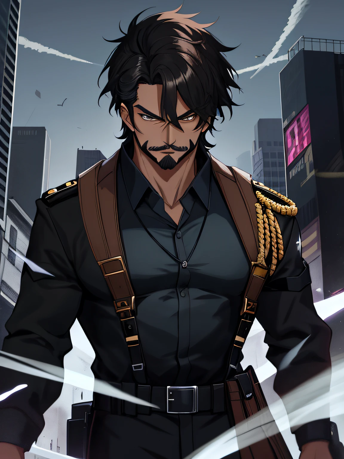 ((anime)) (Anime style) A 40 year old but still very attractive man with a perfectly proportioned figure., cuerpo musculoso de hombros anchos, con corto, pelo negro azabache ondulado corto (Corte de pelo militar) y ojos marrones, he has light brown skin, Tiene un elegante bigote negro azabache que cubre su labio superior.. ((Rasgos faciales mexicanos, Etnia mexicana.)) el es un hombre hermoso, lleva una camisa azul oscuro y pantalones negros, sobre el cual lleva una levita negra muy elegante, que se adapta a su cuerpo. Adopta una pose heroica, tiene una mirada traviesa, (ojos de anime, ojos detallados, Cara detallada, Cara hermosa) mientras mira alrededor de una ciudad en la noche. 128K Ultra High Definition, 128K Calidad ultra alta, 128K Ultra High Resolution, Best Definition, La mejor calidad, better resolution, perfectamente detallado, Perfectly designed, extremadamente detallado, Extremely designed, hiper detallado.