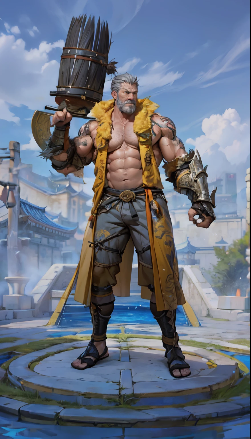 Northeast Grandpa, A Chinese man of about 39 years old, Rough and handsome looks,Strong body hair，barechested，Biceps，Oversized muscles, Big waist round, Lie in the pool, Wearing Tang Dynasty armor, Brush cut, vred, scowling, Masterpieces of the best quality，background of China, Get wet，sweat leggs，（Tattooed with:1.5），（musculous:1.5），（fatness:2），（Gray hair:1.5），（Gray body hair:1.5），（Skin Wrinkles:1.5），（gloss on the skin:0.5），