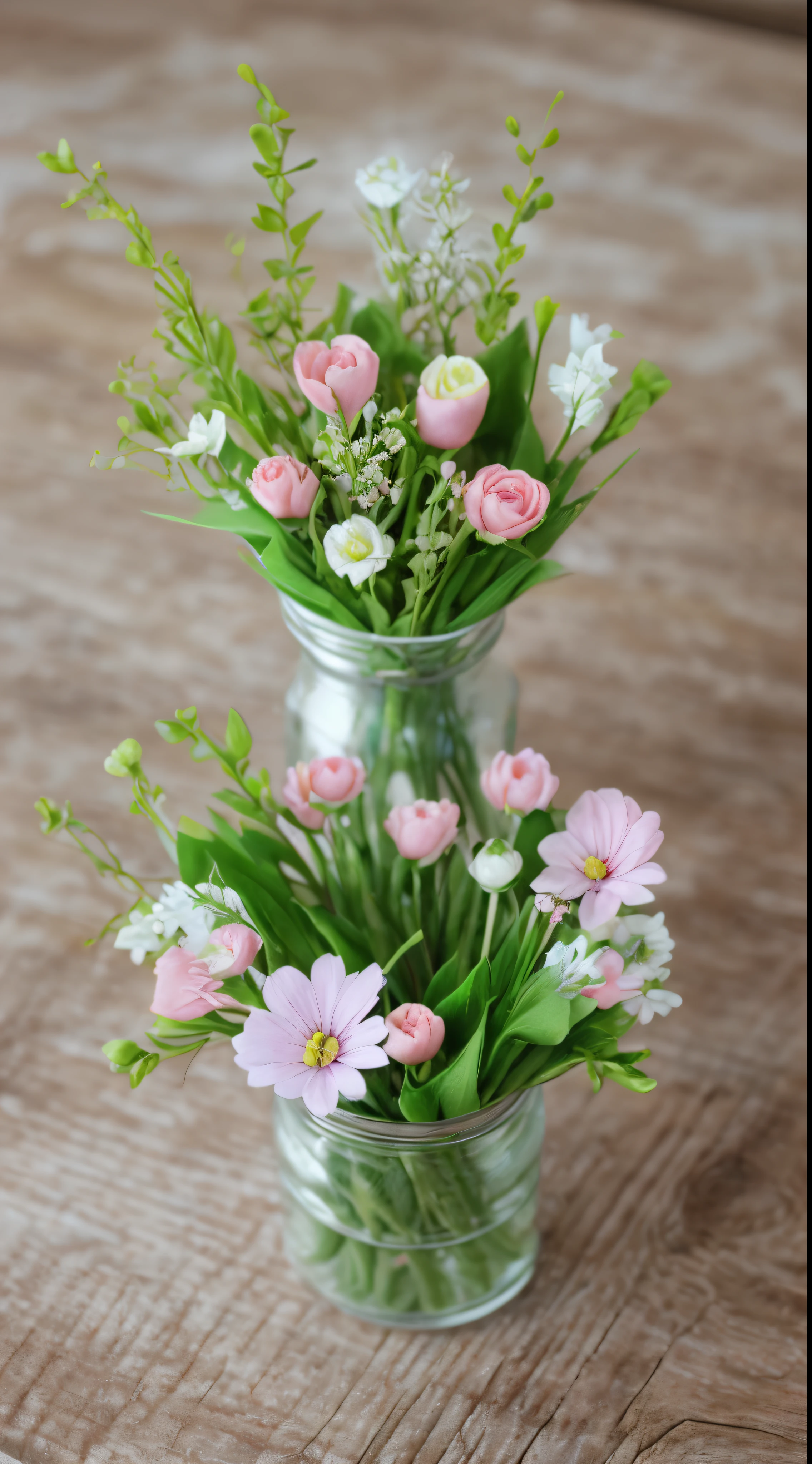 vert small spring flower posy, pastel spring natural flowers, hand tied, laid on rustic table, 14mm f1/8, full bunch, zoom out