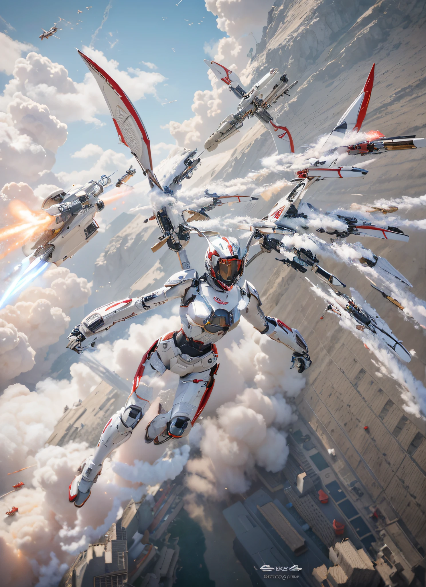 Mujere hermosa, con un moderno traje volador cyborg mecha, color blanco con detalles en rojo, Modern Japanese style samurai helmet with red visor., alas de metal con lanzamisiles, esta lanzando misiles, ellos estan volando en el cielo, Explosiones, humo, 4k, Imagen ultra detallada, realista, Altamente detallado, perfect composition, splendid, Intrincadamente detallado, Incredibly detailed, 8 k artistic photography, hiper detallado, Obra maestra, Ultra detallado, Hiperrealista, 4k, Imagen ultra detallada, realista, Altamente detallado, perfect composition, splendid, Intrincadamente detallado , Incredibly detailed, 8K fine art photography, hiper detallado, Obra maestra