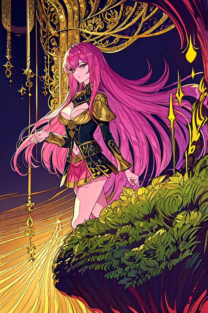 (intricate, elegant, highly detailed, digital painting), Celestial Filigree, (Accent Lighting)), 8K, (rich symbolism:1.2), (High Contrast), (150 mm), 1girl, pink hair, glossy hair, long hair, gold top crop, cleavage, navel, mini-skirt, , walkin from the river, night time, fierce looking