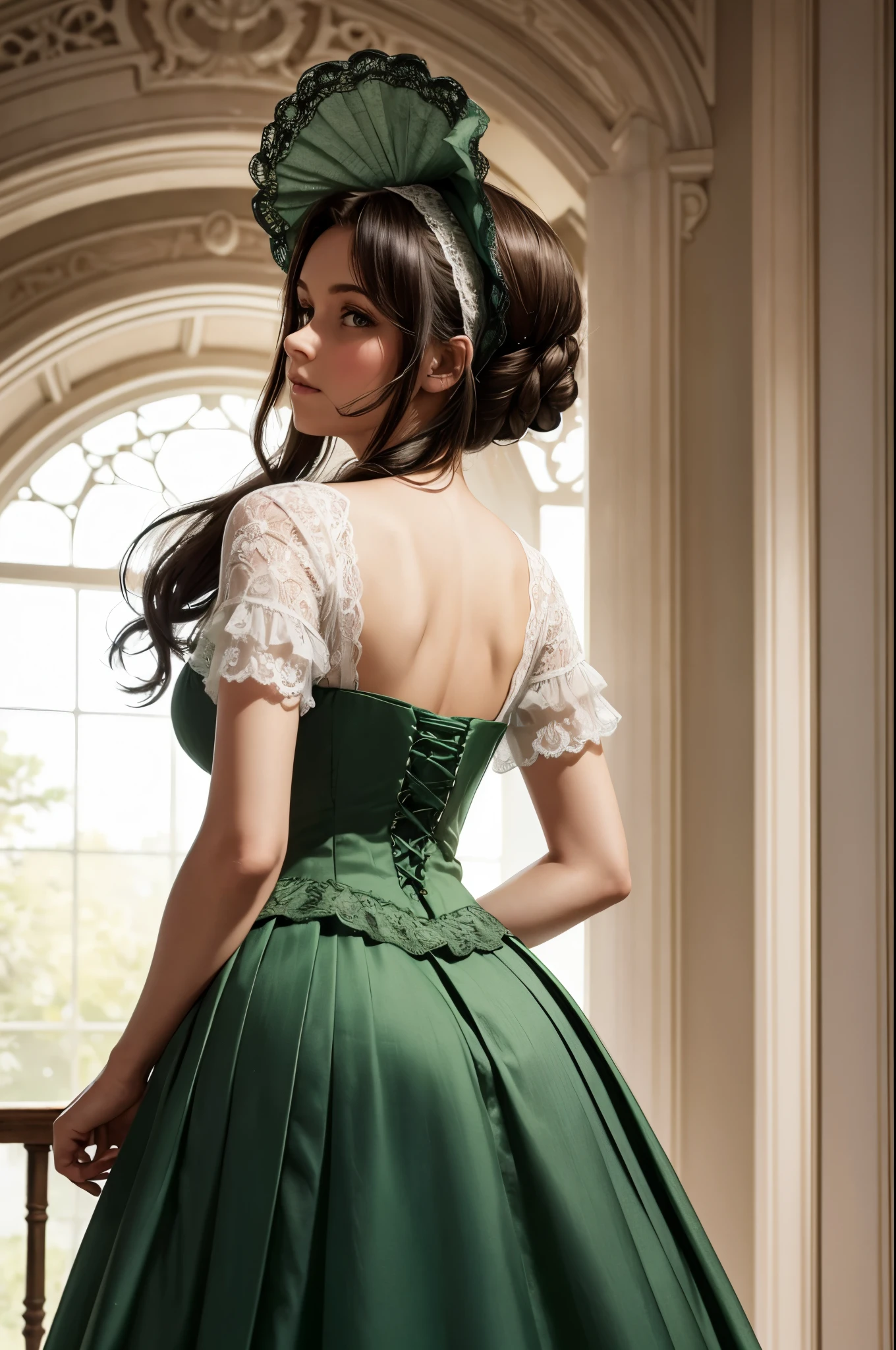 ((high quality work)), Lines are clear and concise, The green dress and beautiful pleated lace look great, Enrich the layers throughout the image, Elegant Edwardian lace dresses and princess skirts enhance the character, Gesture of turning the back of the hand back , It also shows the gentle and elegant side of women..